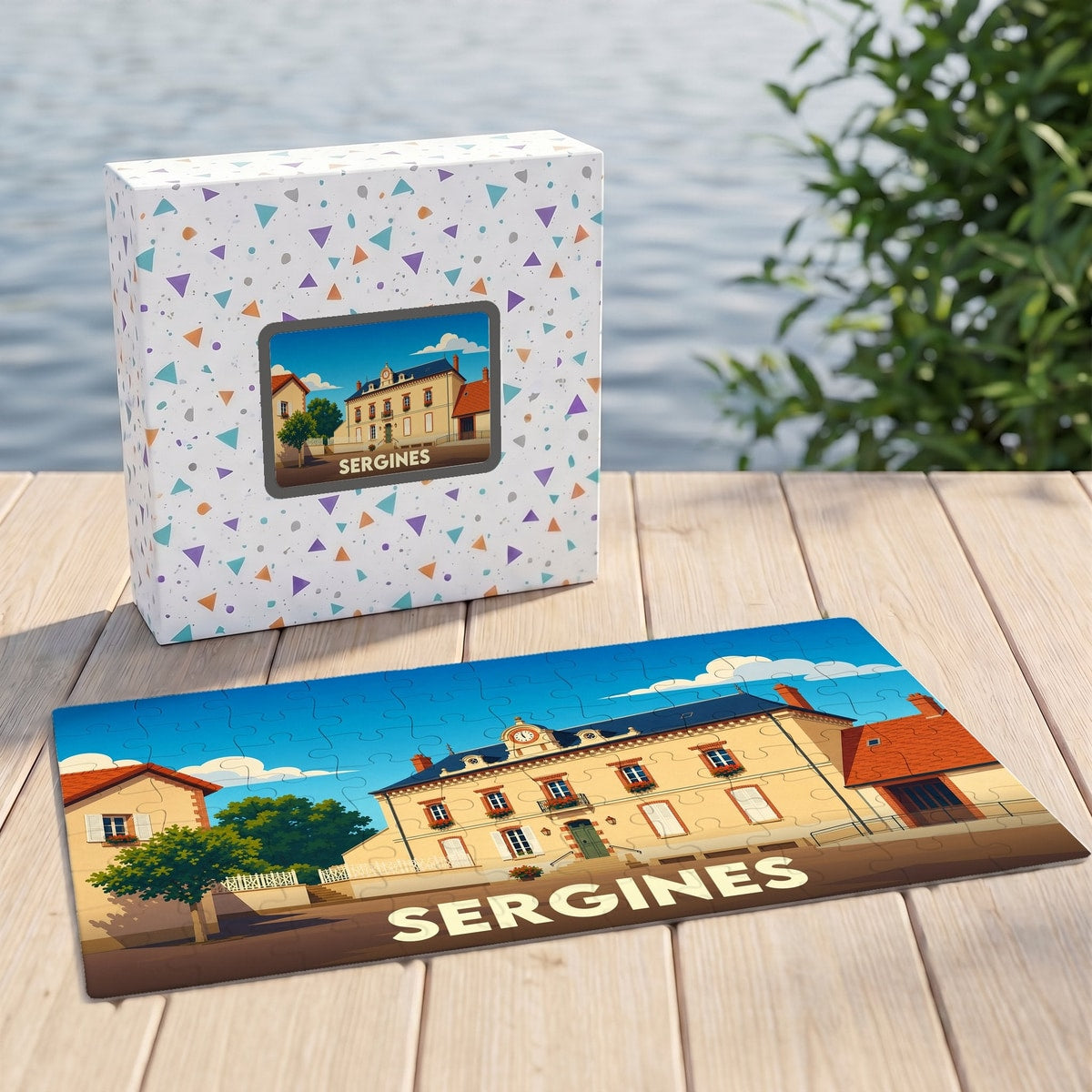 Puzzle souvenir de la ville de Sergines avec une illustration stylisée.