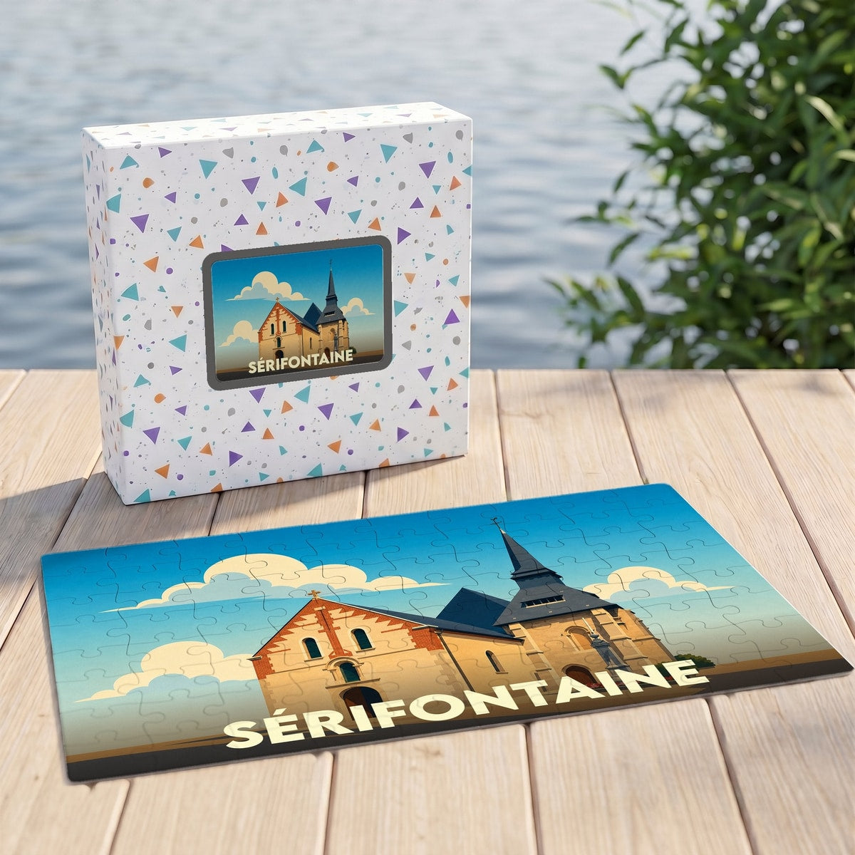 Puzzle souvenir de la ville de Sérifontaine avec une illustration stylisée de son église.