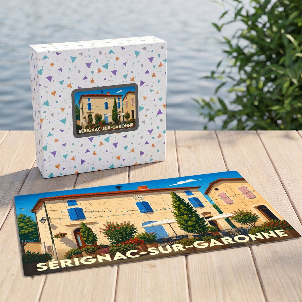 Puzzle souvenir de la ville de Sérignac-sur-Garonne avec une illustration stylisée de ses bâtiments colorés.