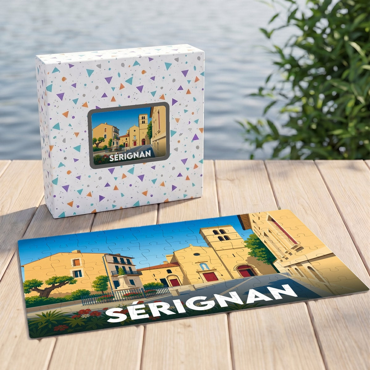 Puzzle souvenir de la ville de Sérignan illustrant son architecture typique dans un style coloré et épuré.