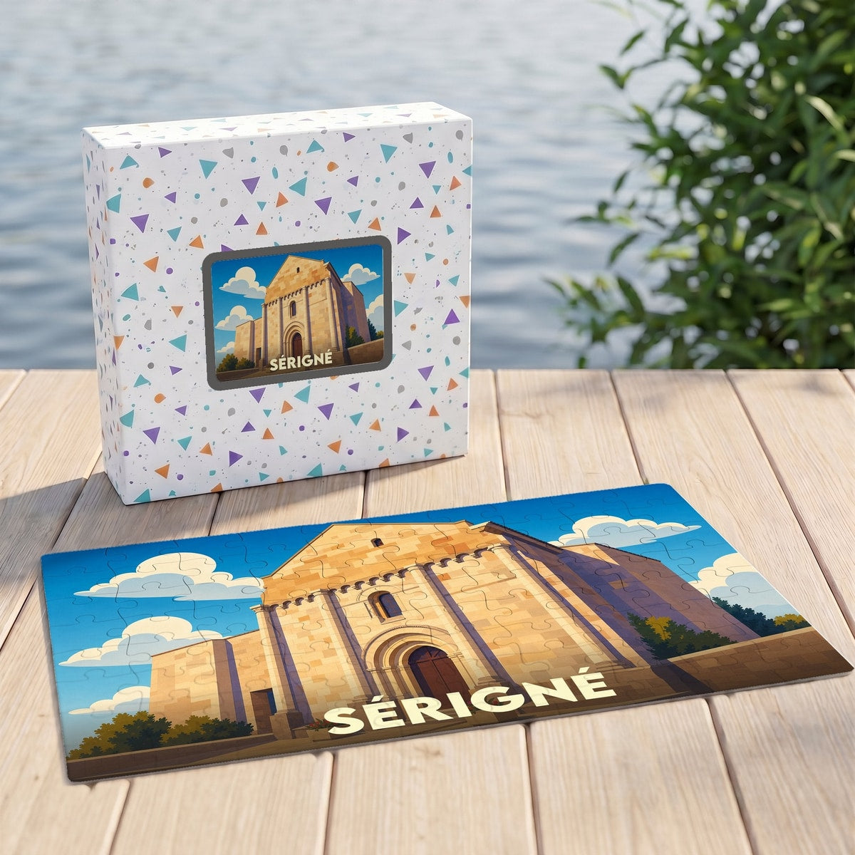 Puzzle souvenir de la ville de Sérigné avec une illustration stylisée de son église.