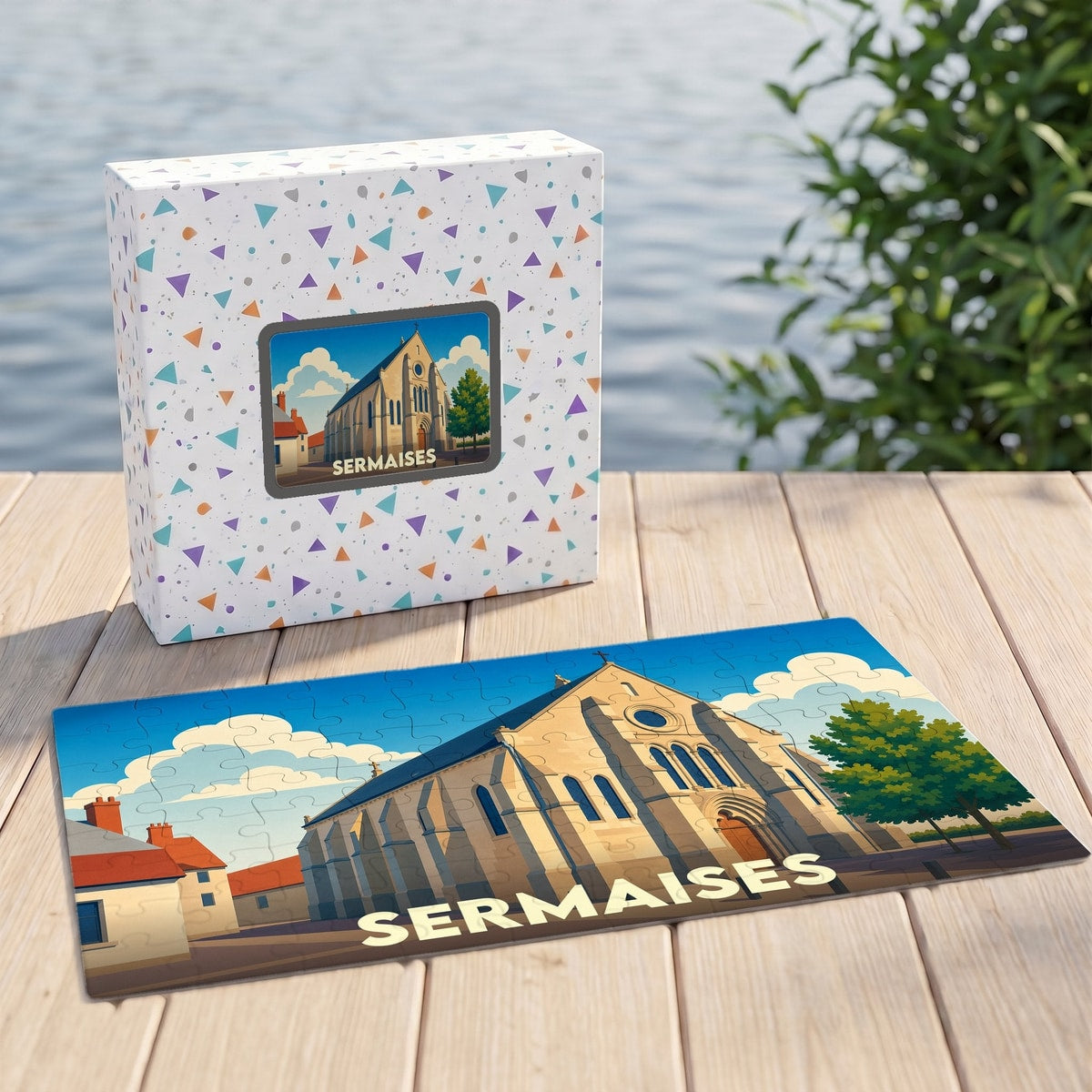Puzzle souvenir de la ville de Sermaises avec une illustration stylisée de son église.