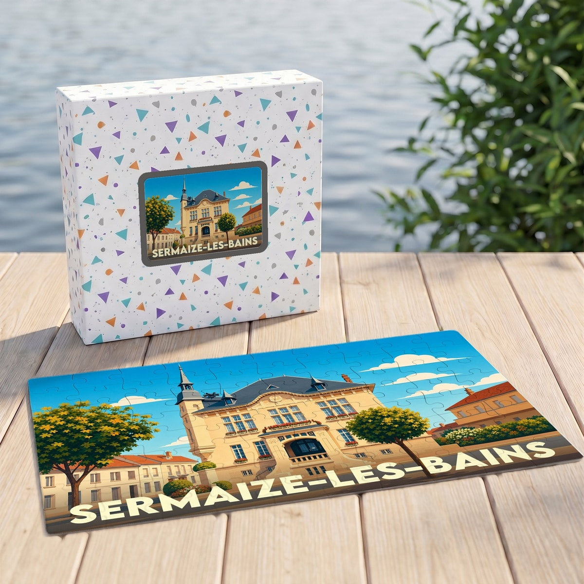 Puzzle souvenir de la ville de Sermaize-les-Bains avec une illustration stylisée de l'hôtel de ville.