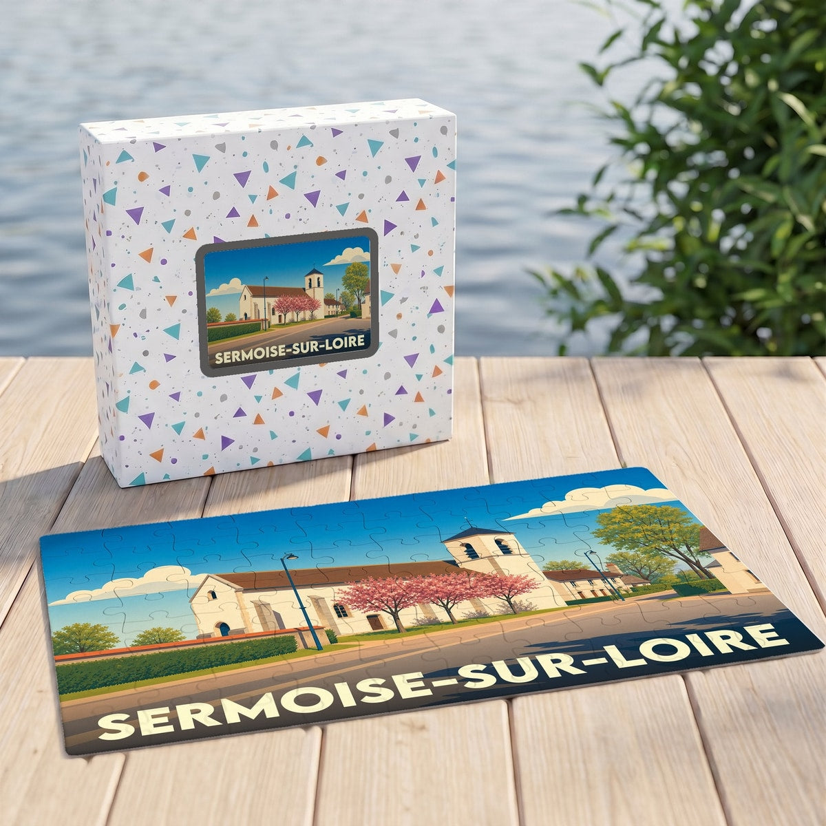 Puzzle souvenir de la ville de Sermoise-sur-Loire avec une illustration stylisée de son église et de ses paysages.