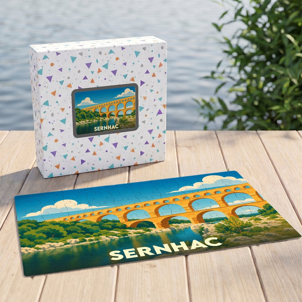 Puzzle souvenir de la ville de Sernhac illustrant un pont à arches au-dessus d'une rivière.