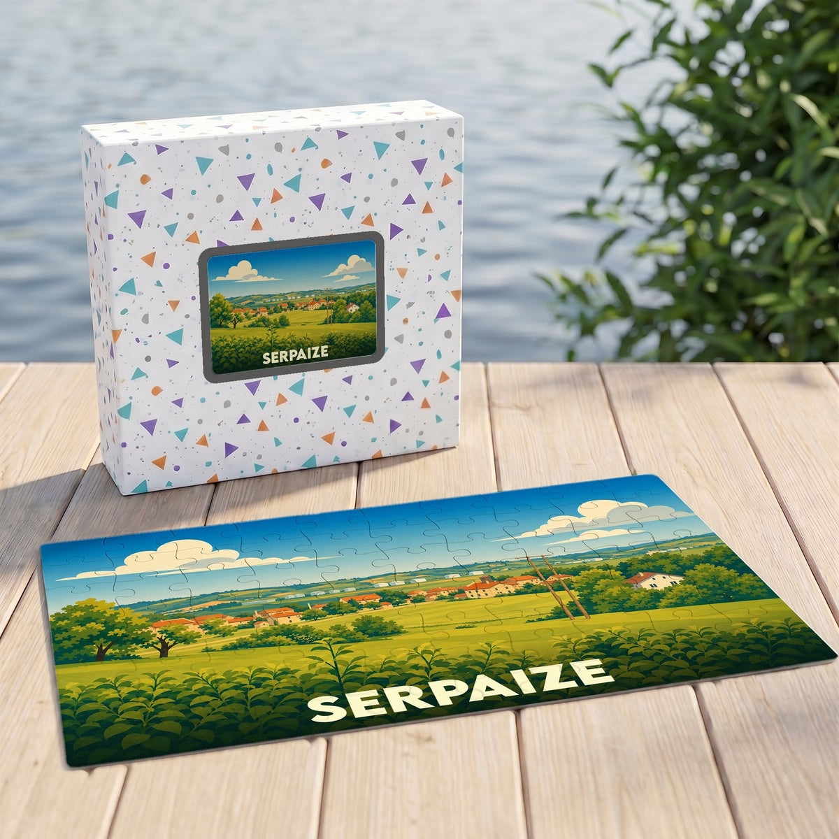 Puzzle souvenir de la ville de Serpaize illustré par un paysage champêtre stylisé.