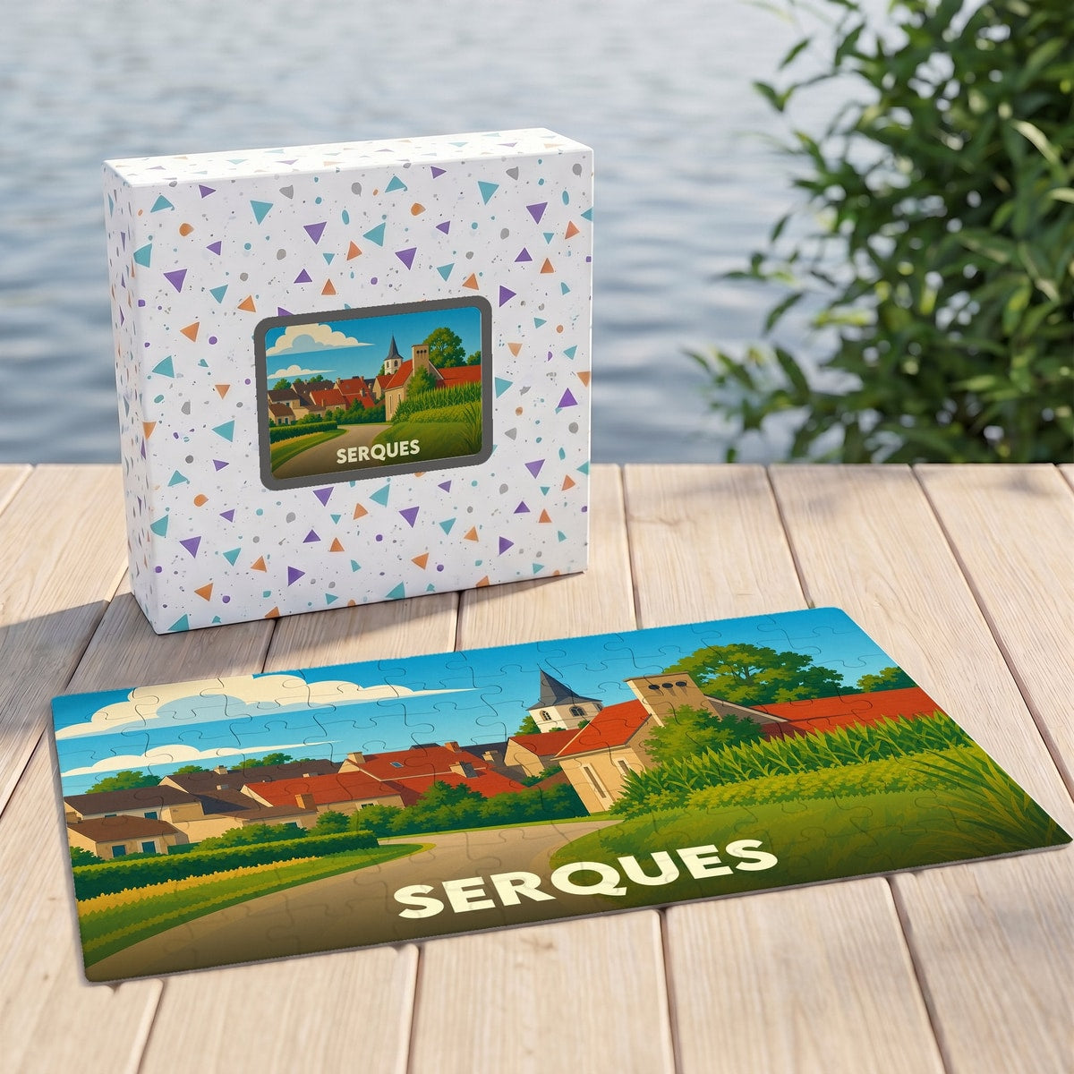 Puzzle souvenir de la ville de Serques avec une illustration stylisée et colorée du paysage local.