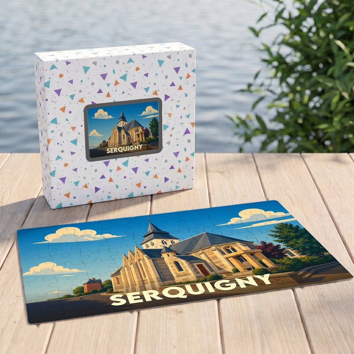 Puzzle souvenir de la ville de Serquigny avec une illustration stylisée d'une église sous un ciel bleu.