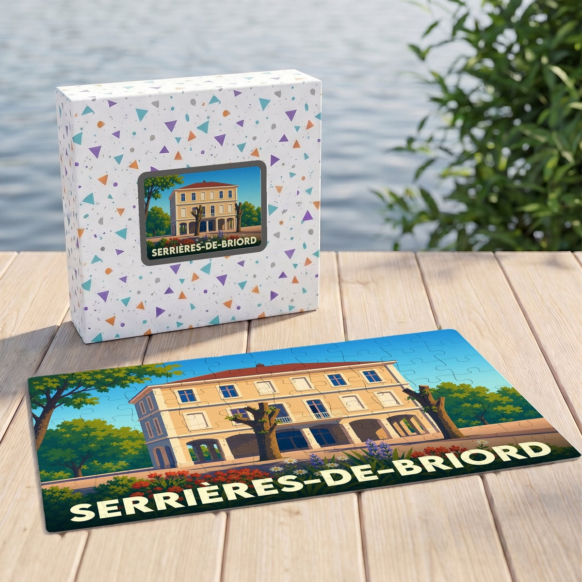 Puzzle souvenir de la ville de Serrières-de-Briord avec une illustration stylisée d'un bâtiment historique.