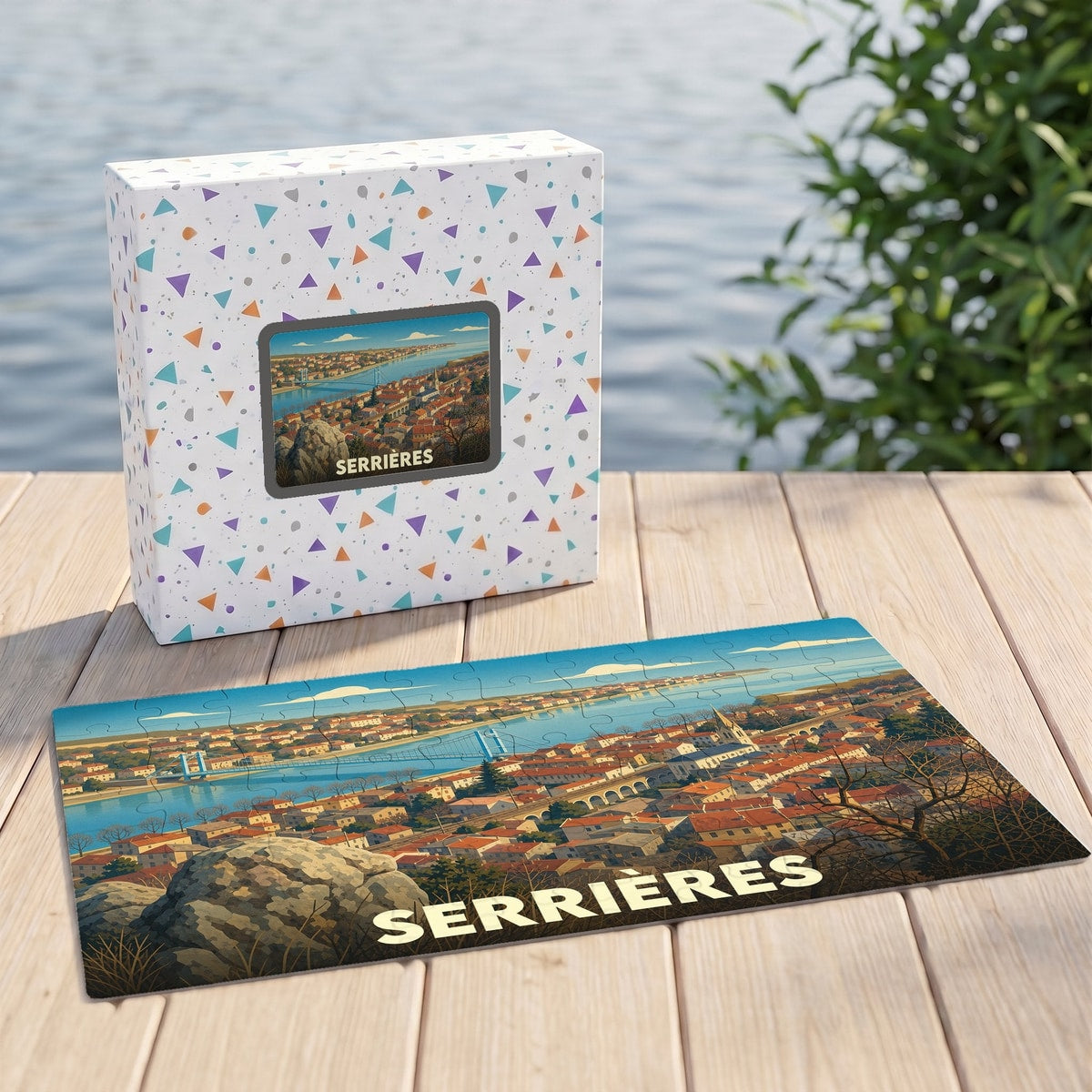 Puzzle souvenir de la ville de Serrières représentant un panorama illustré de la commune et de son pont.