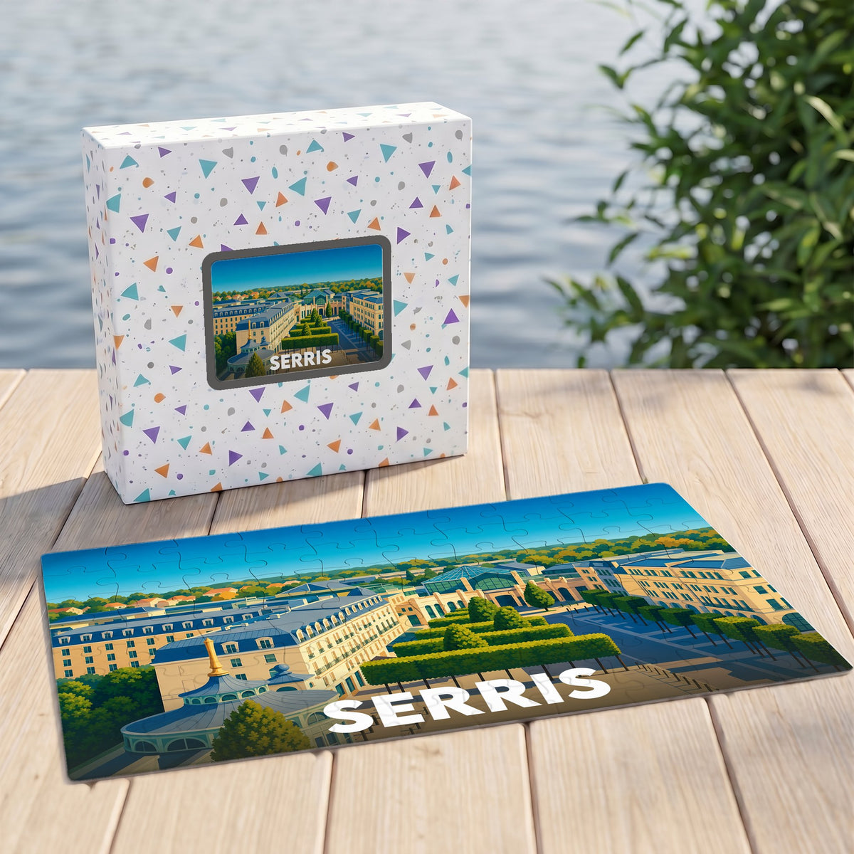 Puzzle souvenir de la ville de Serris présentant une illustration colorée et stylisée de ses paysages urbains.