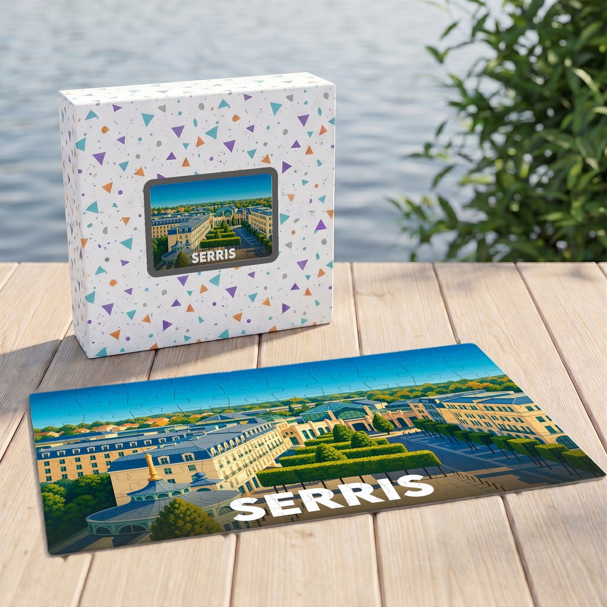 Puzzle souvenir de la ville de Serris présentant une illustration colorée et stylisée de ses paysages urbains.