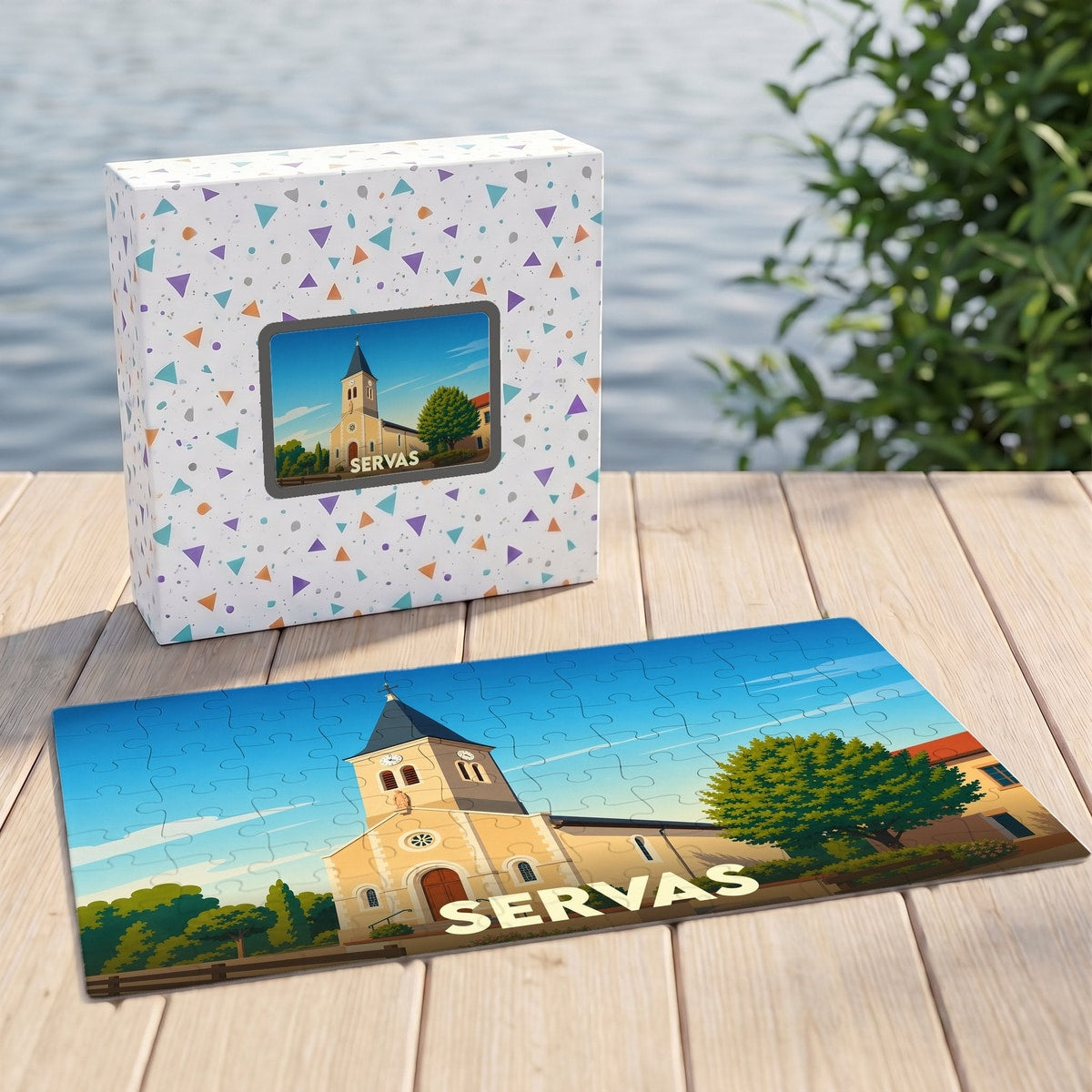 Puzzle souvenir de la ville de Servas avec une illustration stylisée de son église.