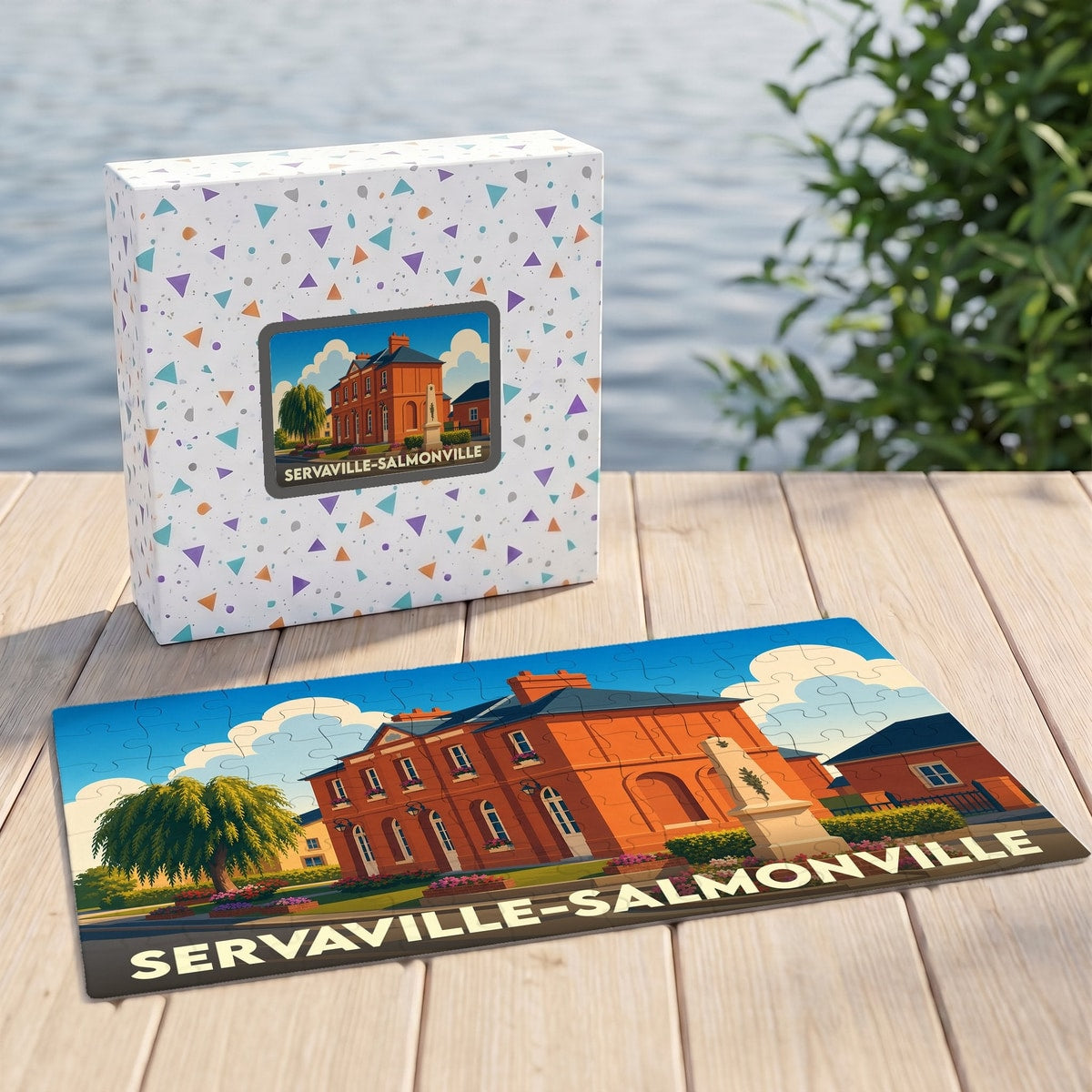 Puzzle souvenir de la commune de Servaville-Salmonville avec une illustration stylisée de sa mairie.