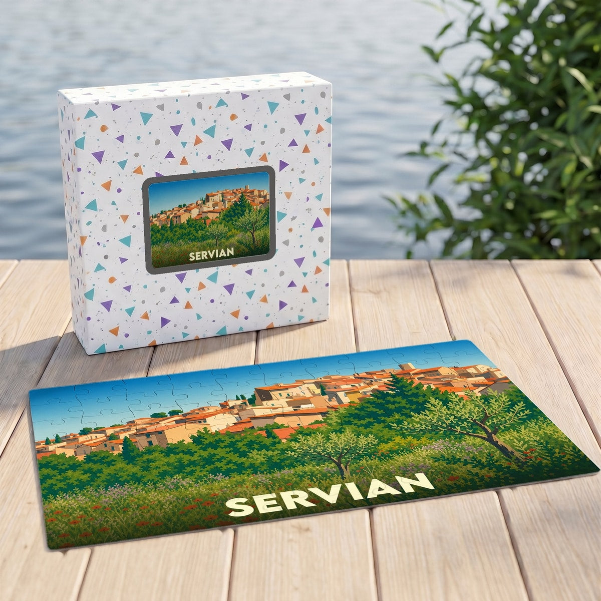 Puzzle souvenir de la ville de Servian avec une illustration stylisée d'un paysage urbain provençal.
