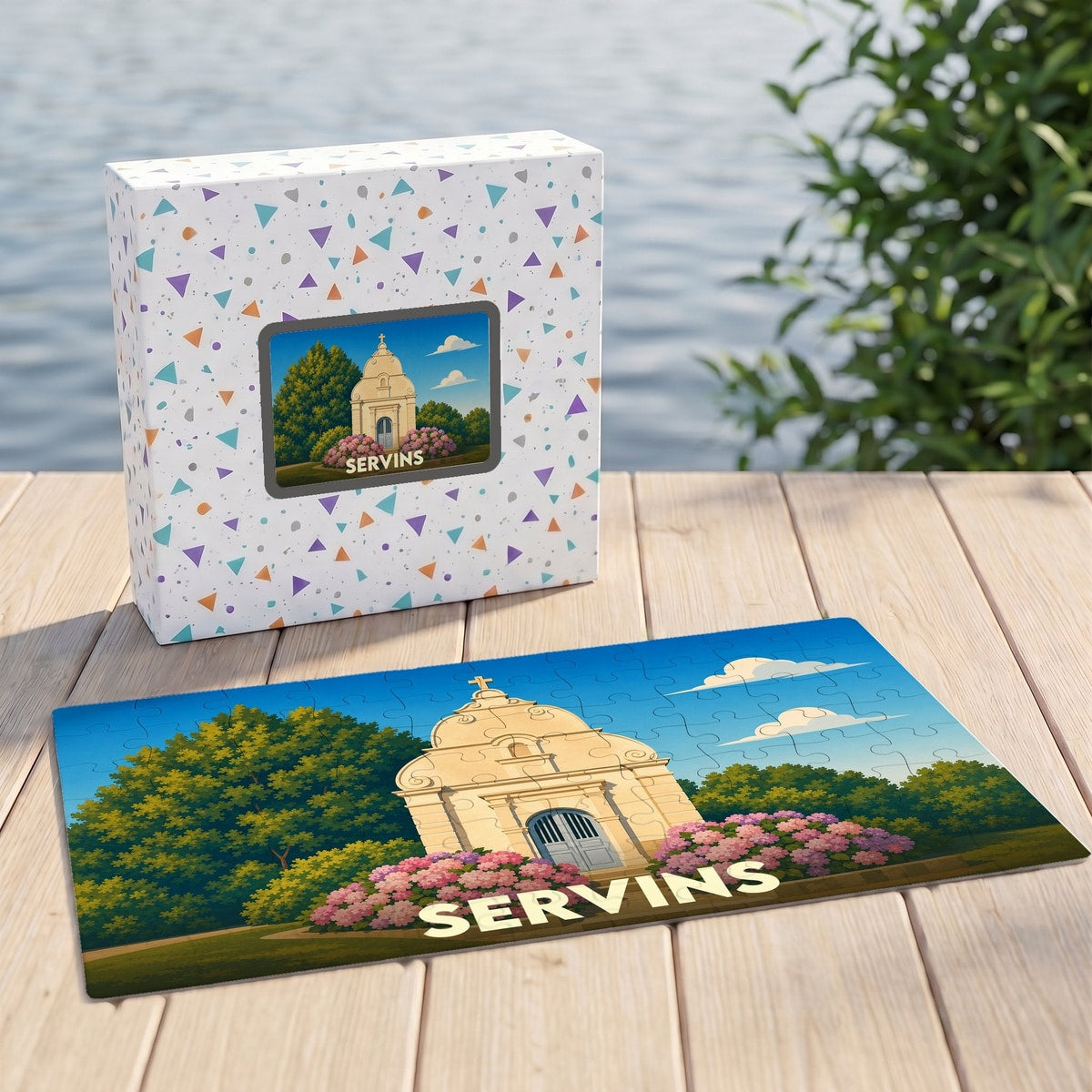 Puzzle souvenir de la ville de Servins avec une illustration stylisée d'une chapelle fleurie.