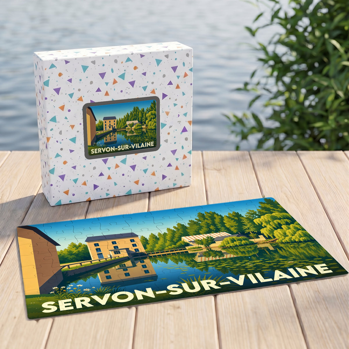 Puzzle souvenir de la ville de Servon-sur-Vilaine avec une illustration stylisée et colorée.