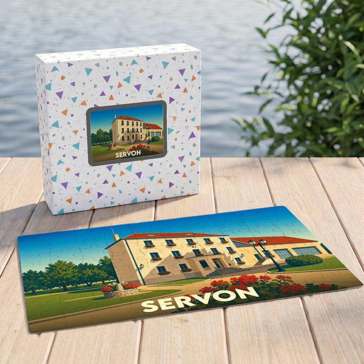 Puzzle souvenir de la ville de Servon avec une illustration stylisée d'un bâtiment remarquable.