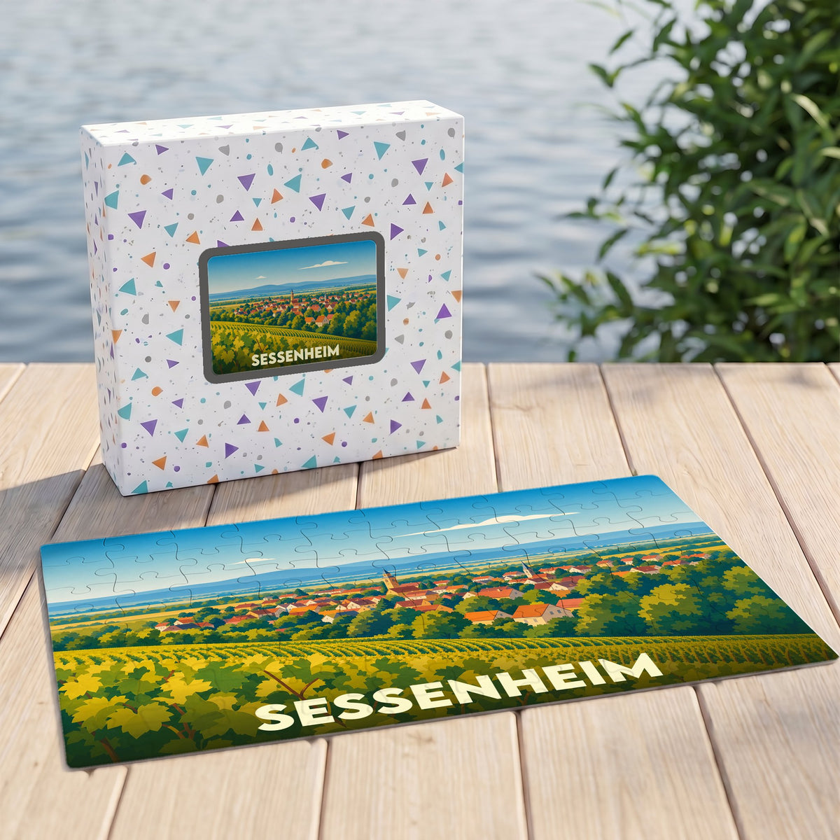 Puzzle souvenir de la ville de Sessenheim avec une illustration stylisée de ses vignobles et de son village.