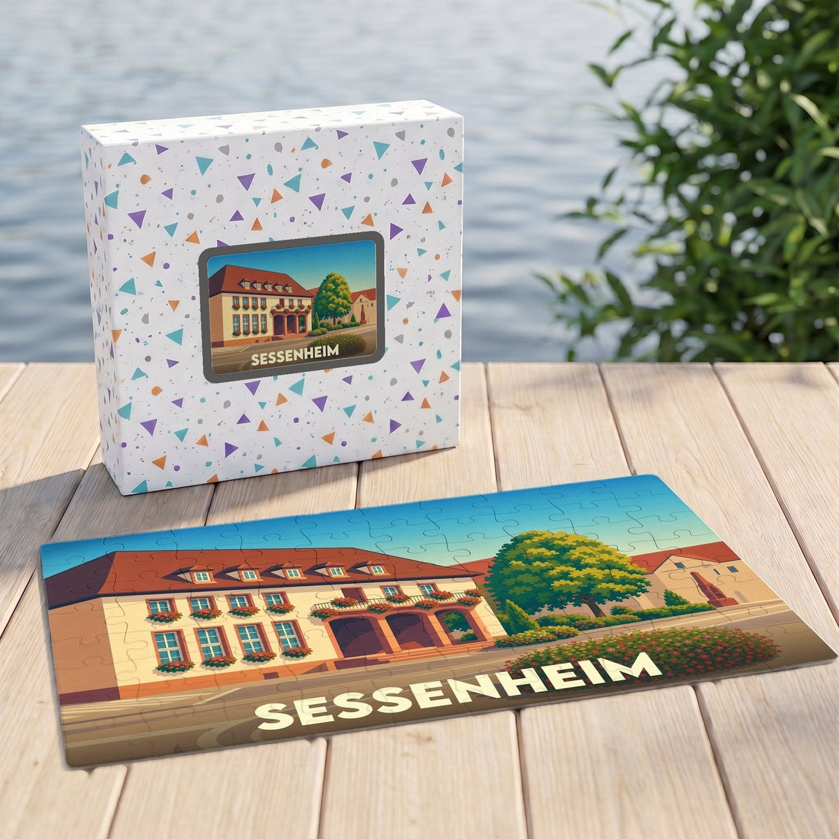 Puzzle souvenir de la ville de Sessenheim avec une illustration colorée de son architecture traditionnelle.