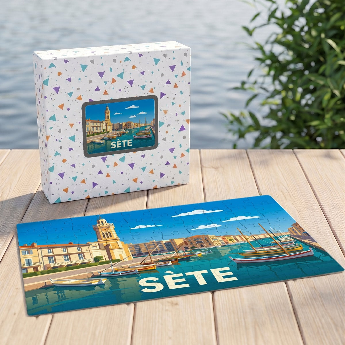 Puzzle souvenir de la ville de Sète accompagné de sa boîte, présentant une illustration stylisée de son port et de ses canaux.