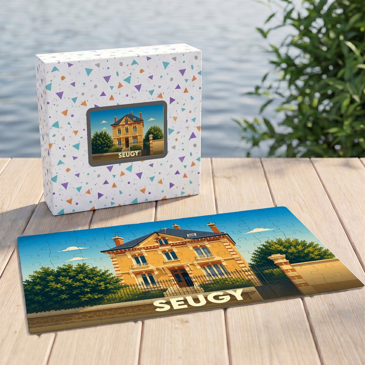 Puzzle souvenir de la ville de Seugy représentant une grande demeure illustrée dans un style vintage.