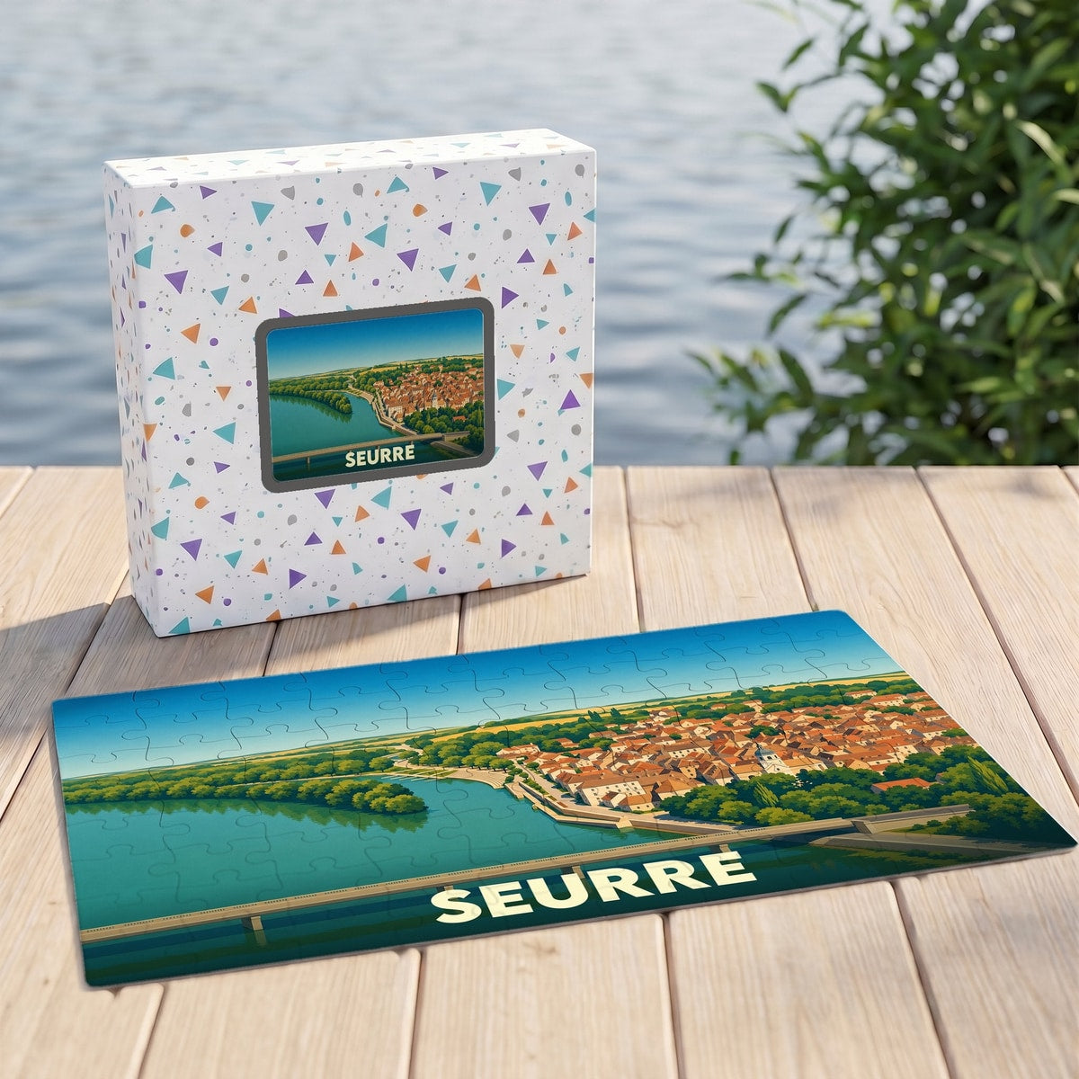 Puzzle souvenir de la ville de Seurre avec une illustration panoramique stylisée.