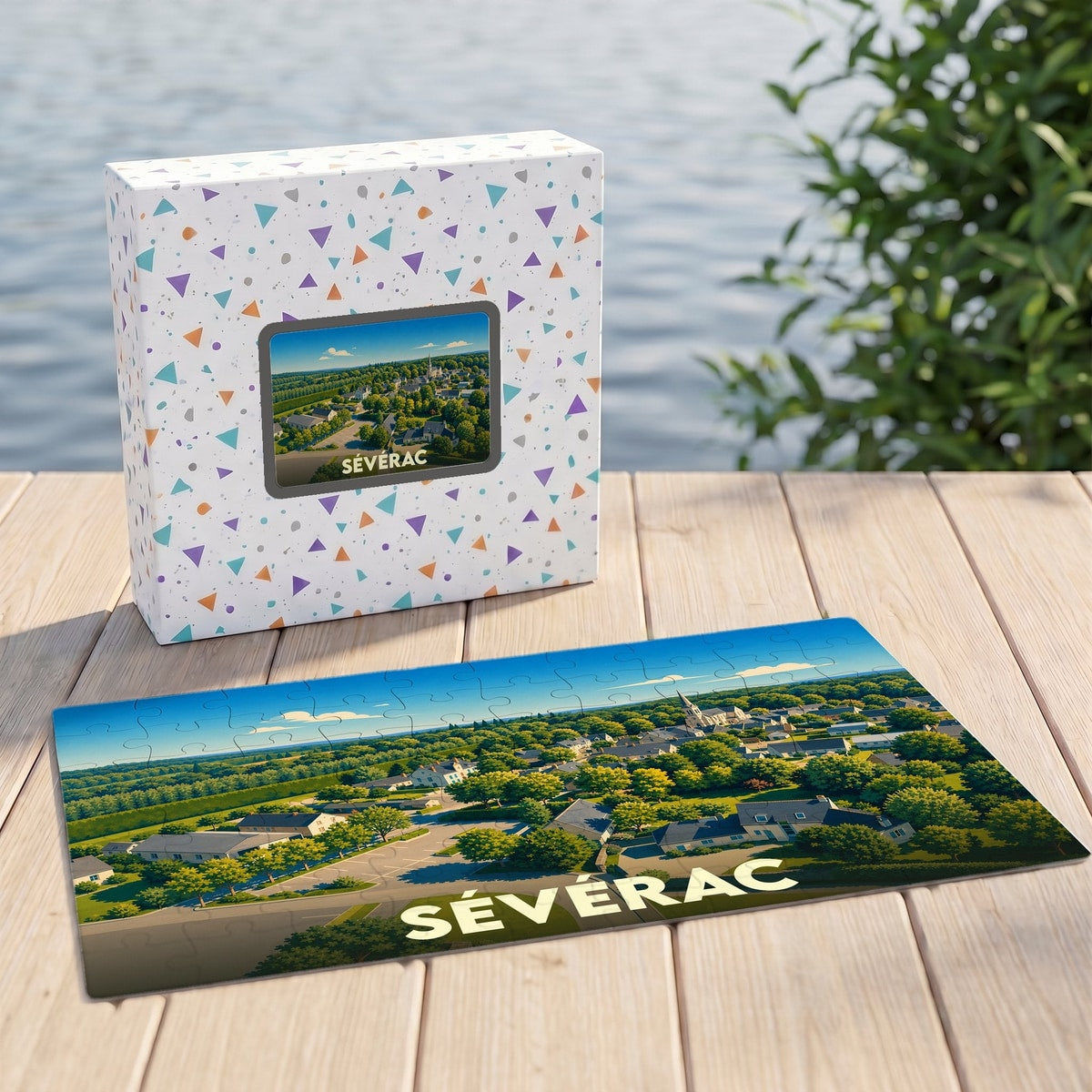 Puzzle souvenir de la ville de Sévérac représentant une vue aérienne du village et de ses paysages verdoyants.