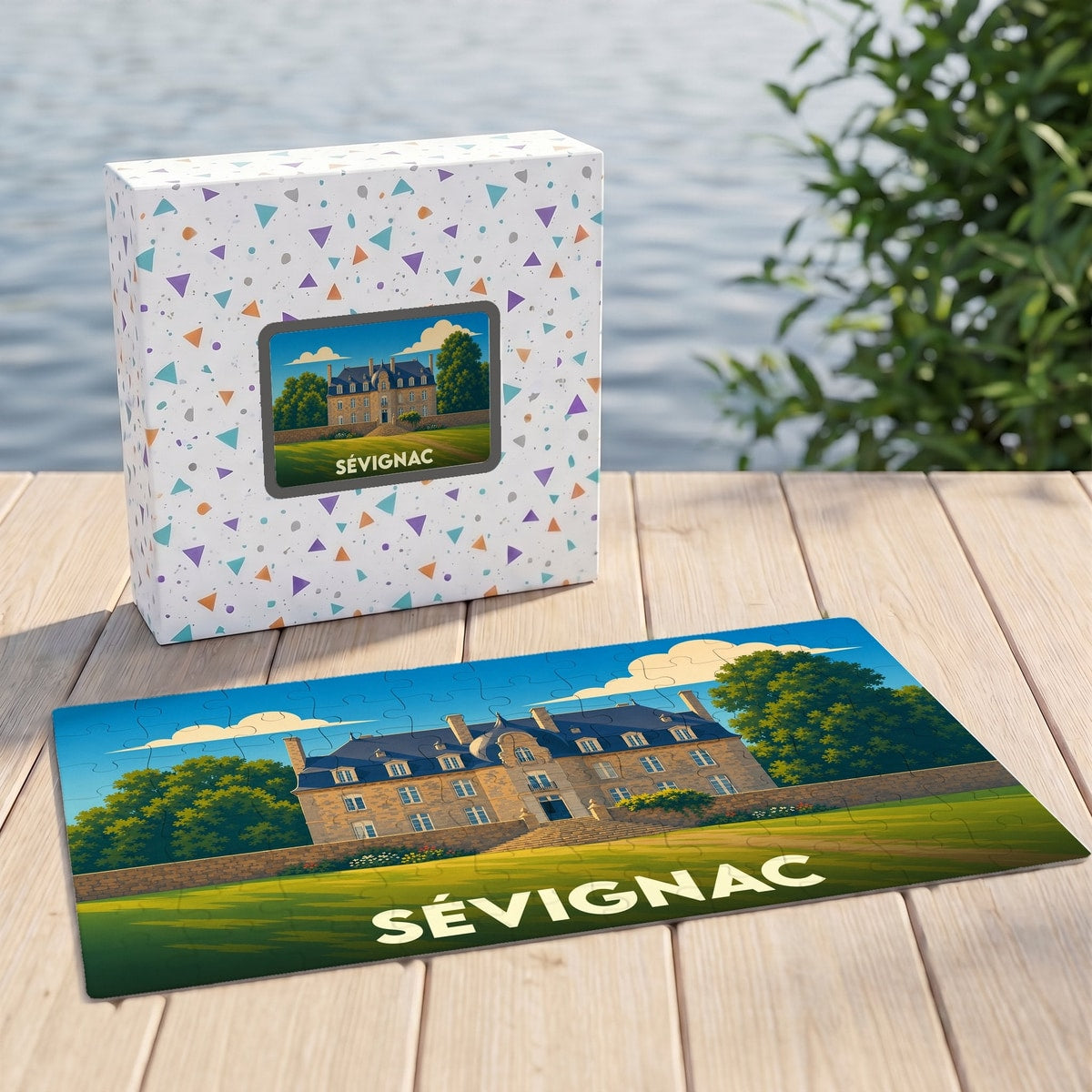 Puzzle souvenir de la ville de Sévignac représentant une illustration stylisée d'un château.