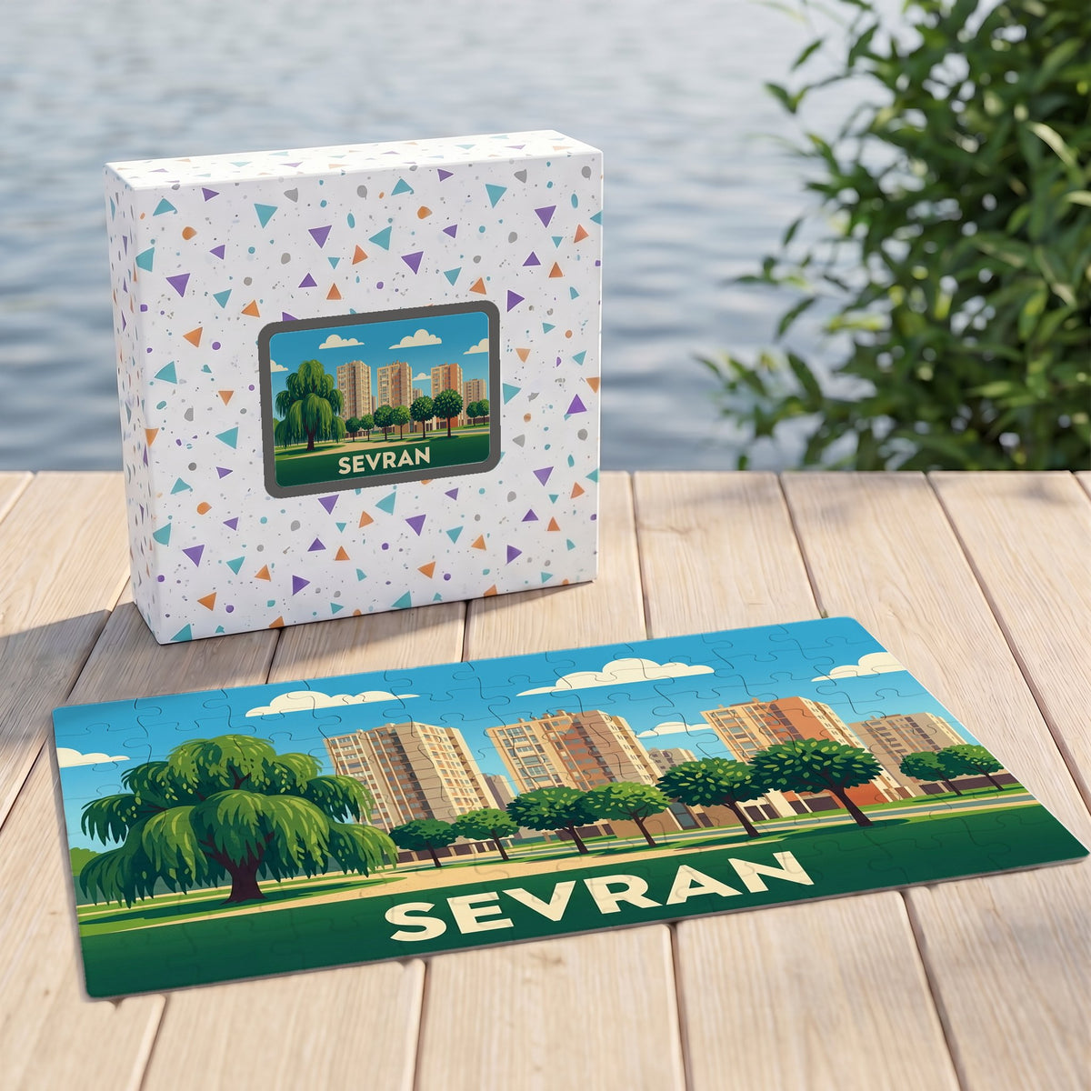 Puzzle souvenir de la ville de Sevran avec une illustration stylisée de son paysage urbain.
