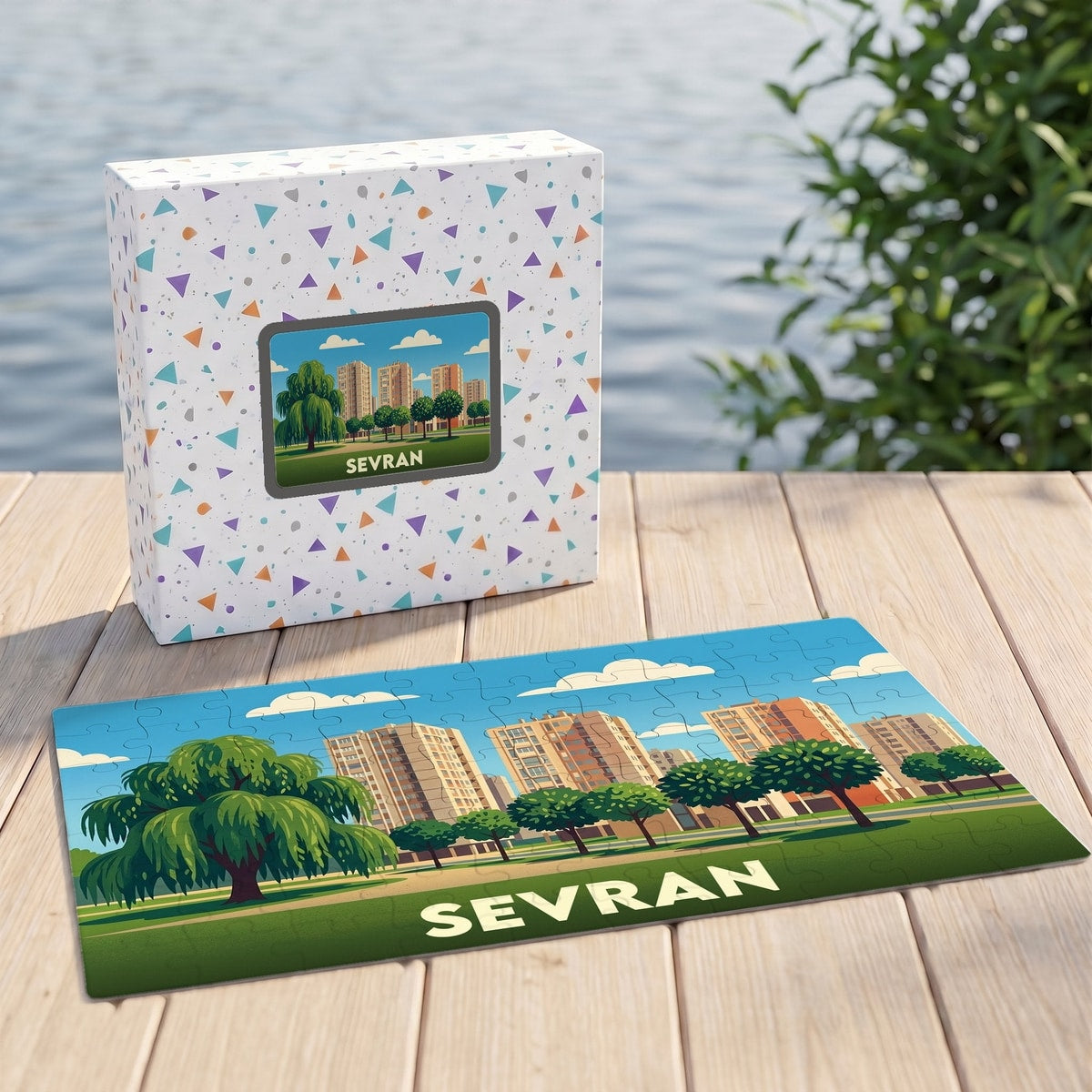 Puzzle souvenir de la ville de Sevran avec une illustration stylisée de son paysage urbain.