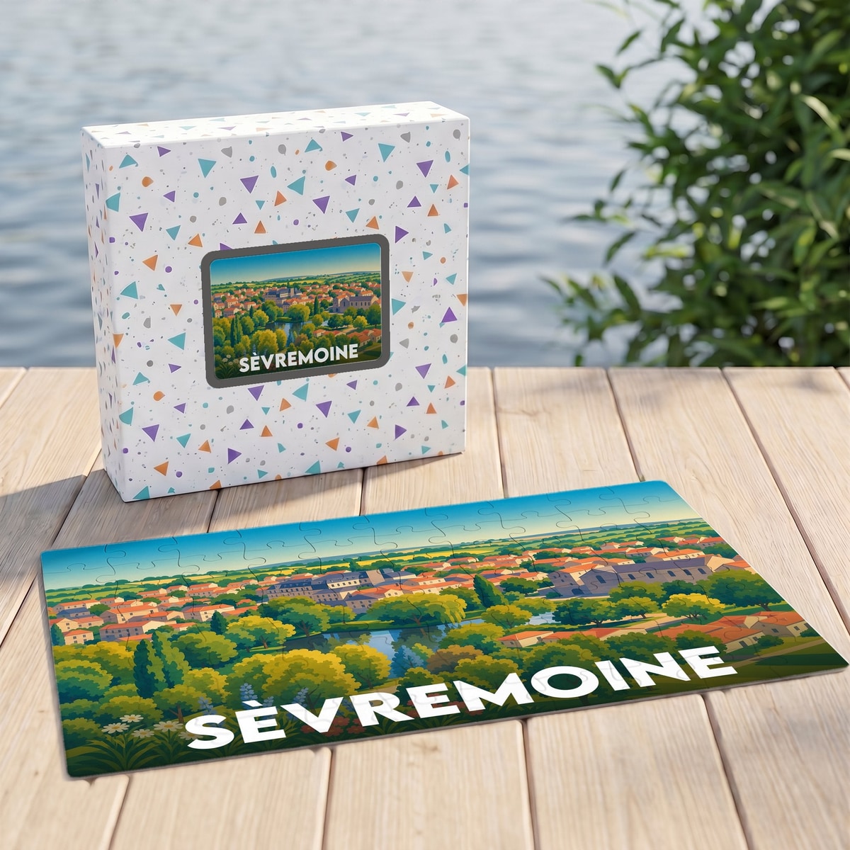 Puzzle souvenir de la ville de Sèvremoine avec une illustration stylisée d'un paysage urbain verdoyant.