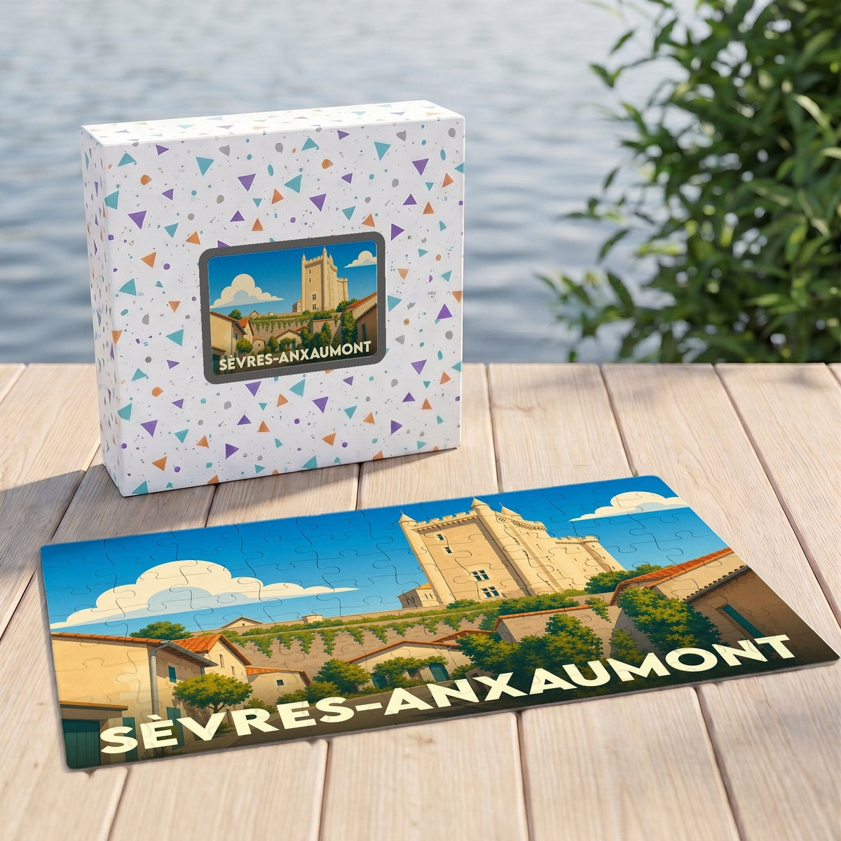 Puzzle souvenir de la ville de Sèvres-Anxaumont avec une illustration stylisée d'un château.