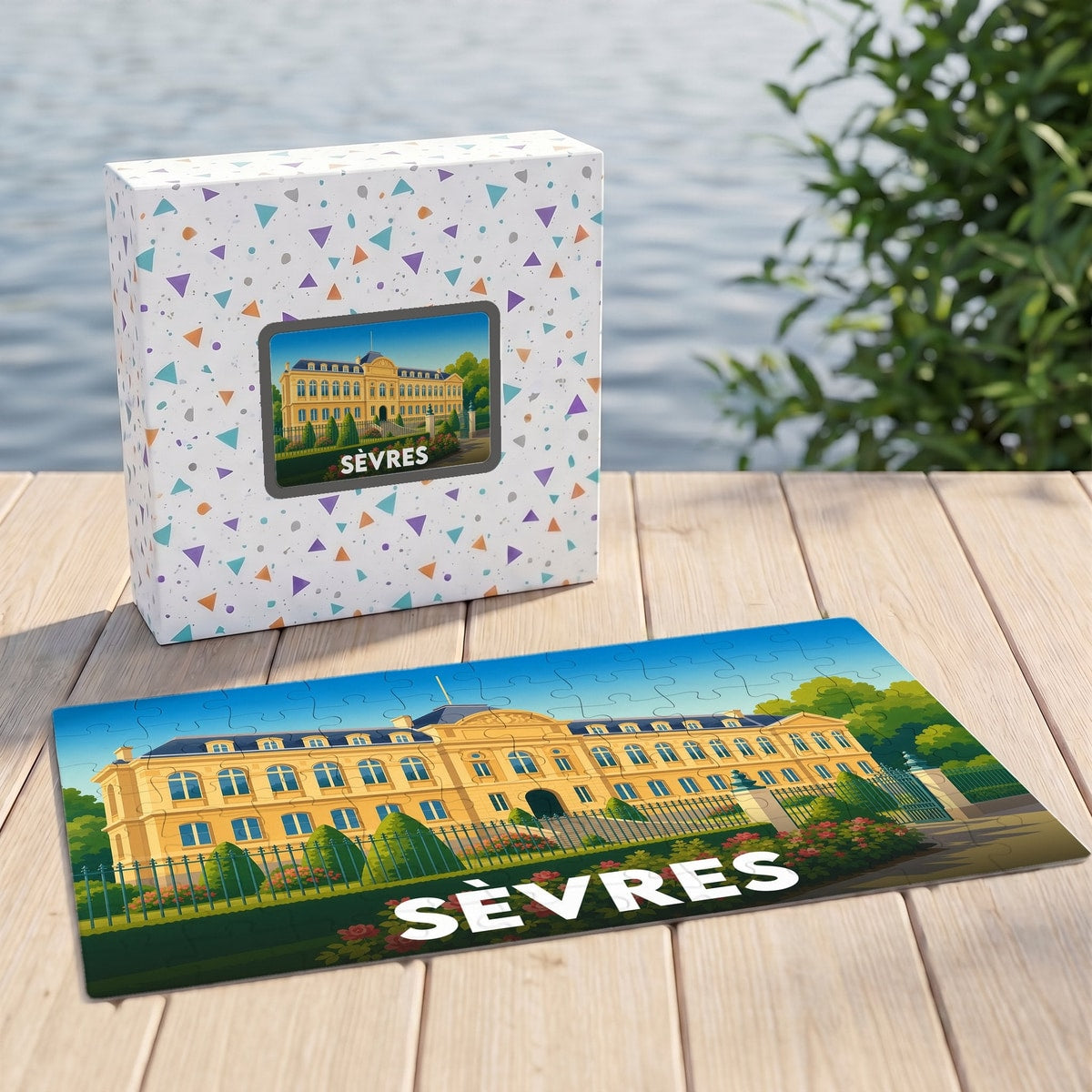 Puzzle souvenir de la ville de Sèvres avec une illustration stylisée de son patrimoine architectural.