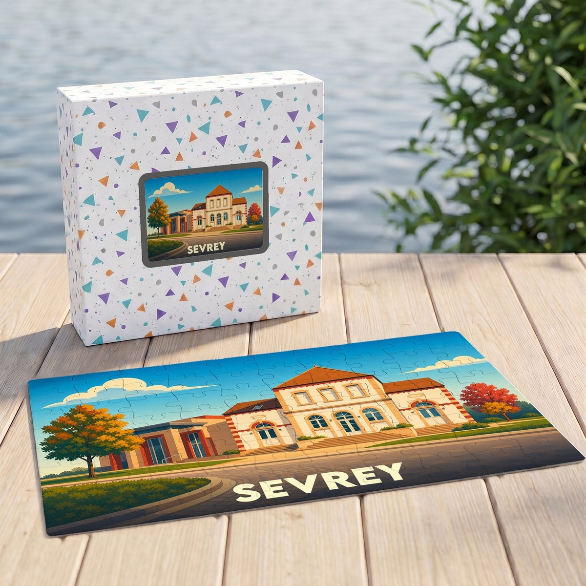 Puzzle souvenir de la ville de Sevrey avec une illustration stylisée d'un bâtiment remarquable.