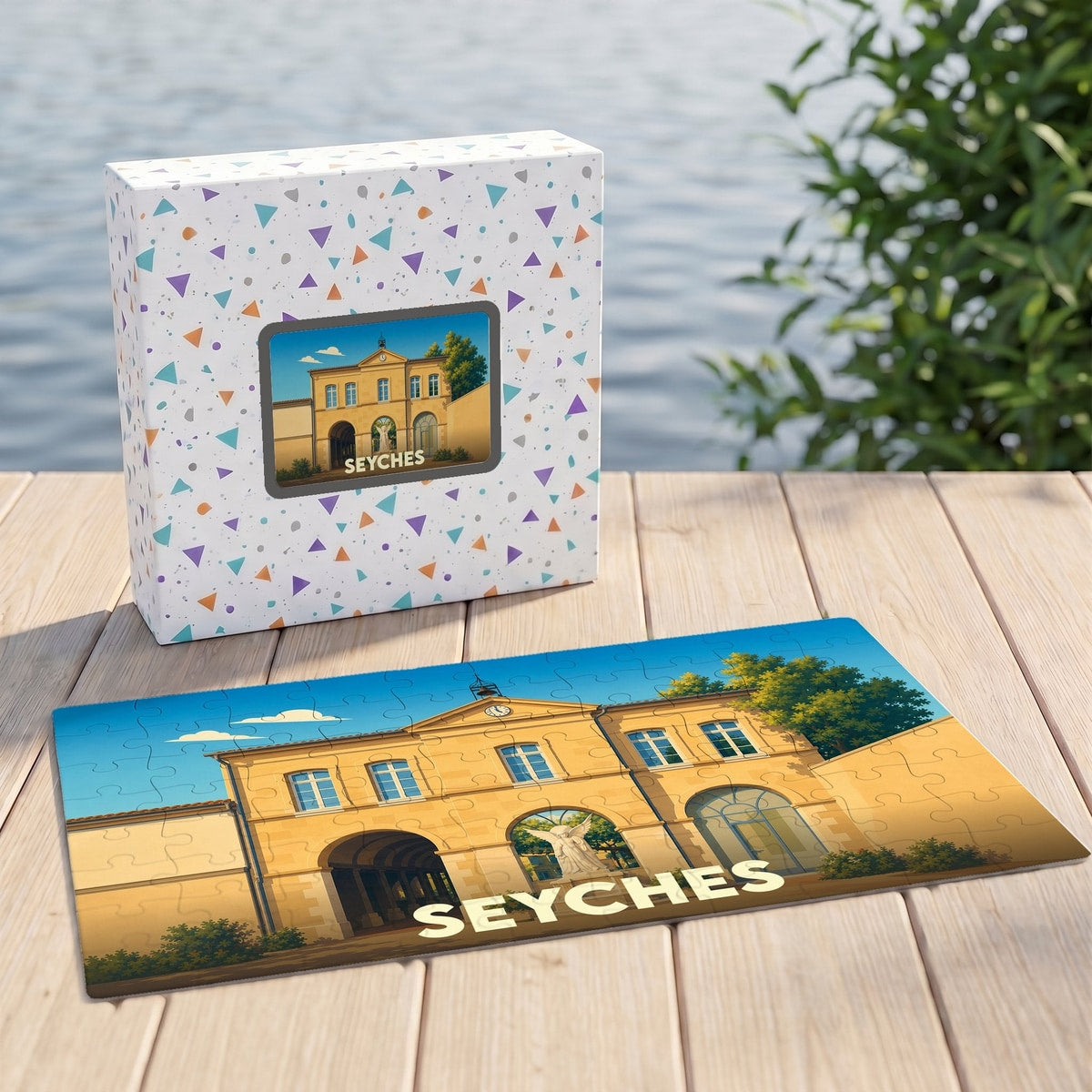 Puzzle souvenir de la ville de Seyches avec une illustration stylisée de son patrimoine.