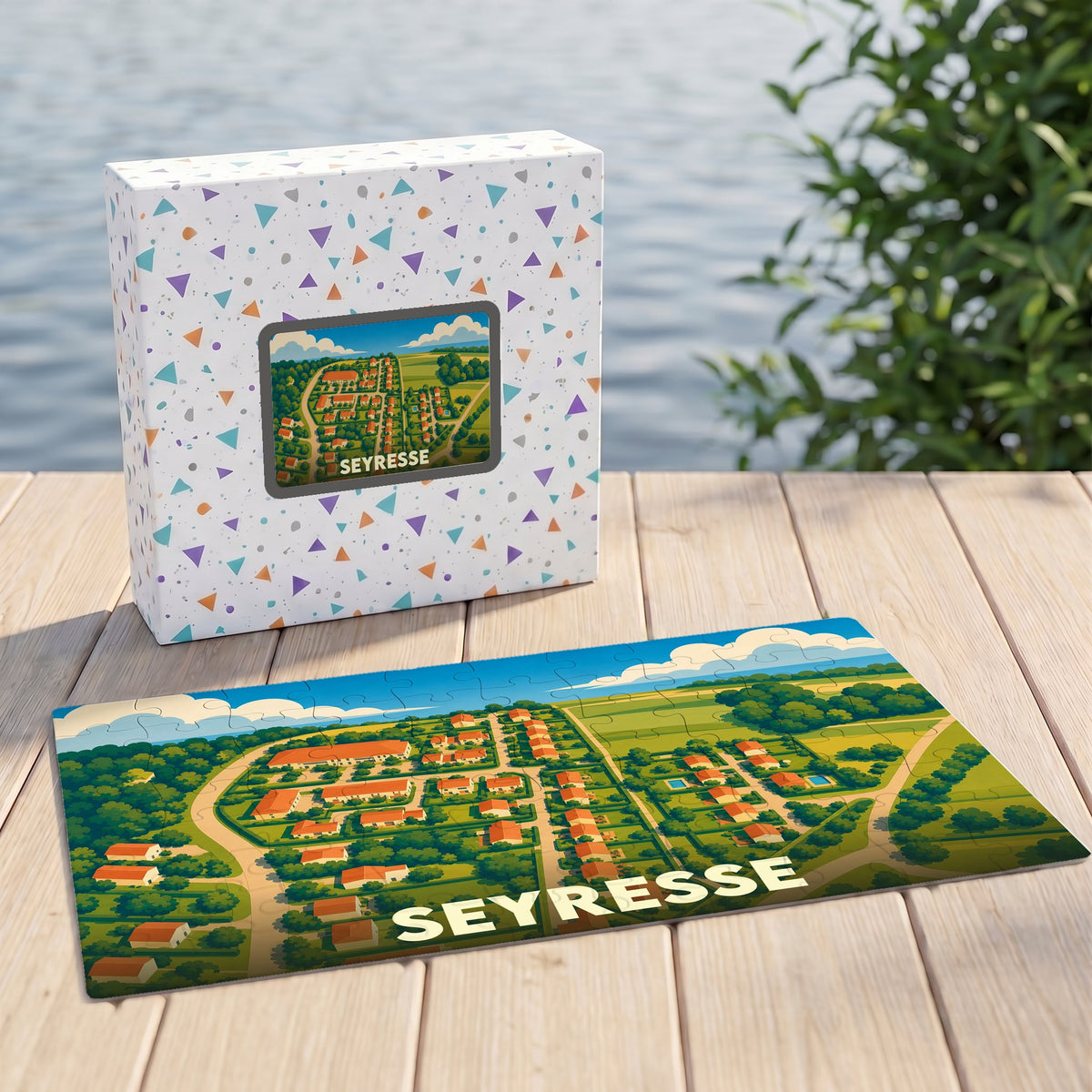 Puzzle souvenir de la ville de Seyresse illustrant un bateau sur une rivière calme.