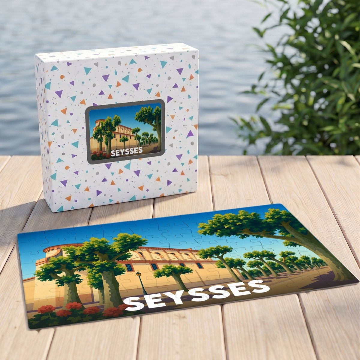 Puzzle souvenir de la ville de Seysses avec une illustration stylisée d'une allée arborée et d'un bâtiment historique.