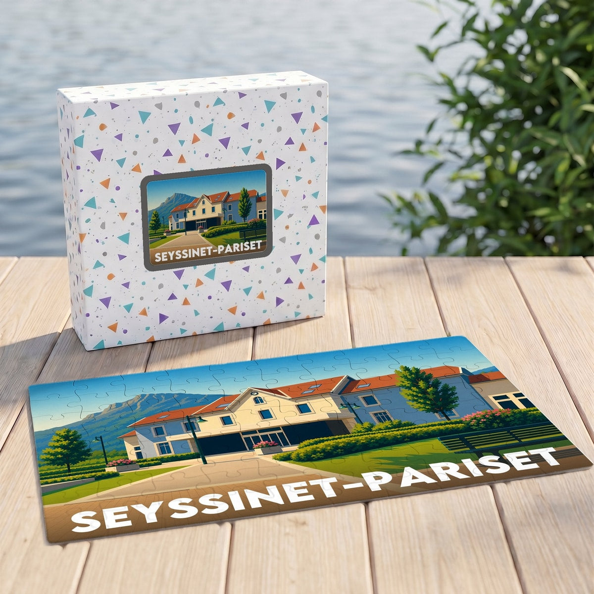 Puzzle souvenir de la ville de Seyssinet-Pariset avec une illustration stylisée de son paysage urbain.