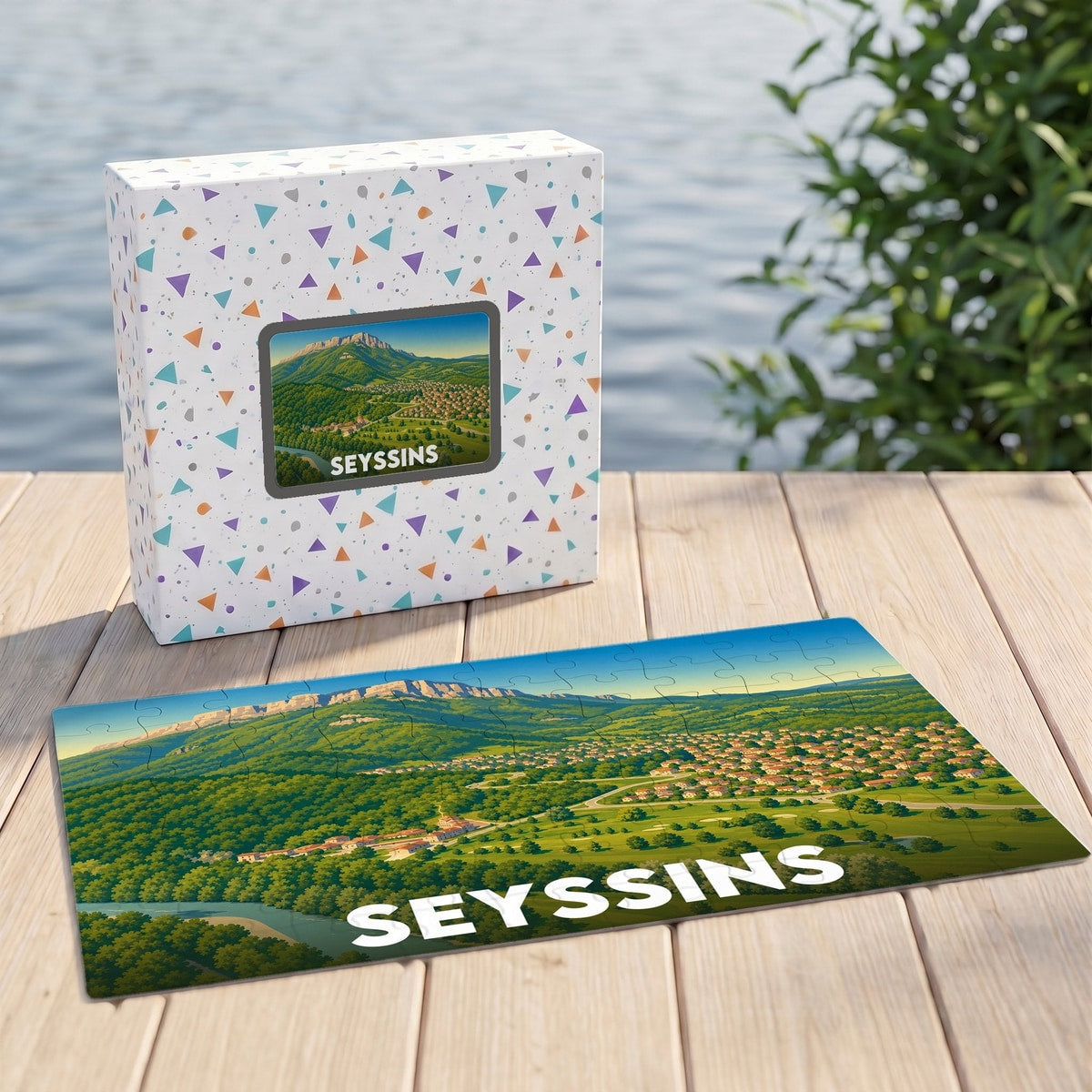 Puzzle souvenir de la ville de Seyssins avec une illustration panoramique stylisée.