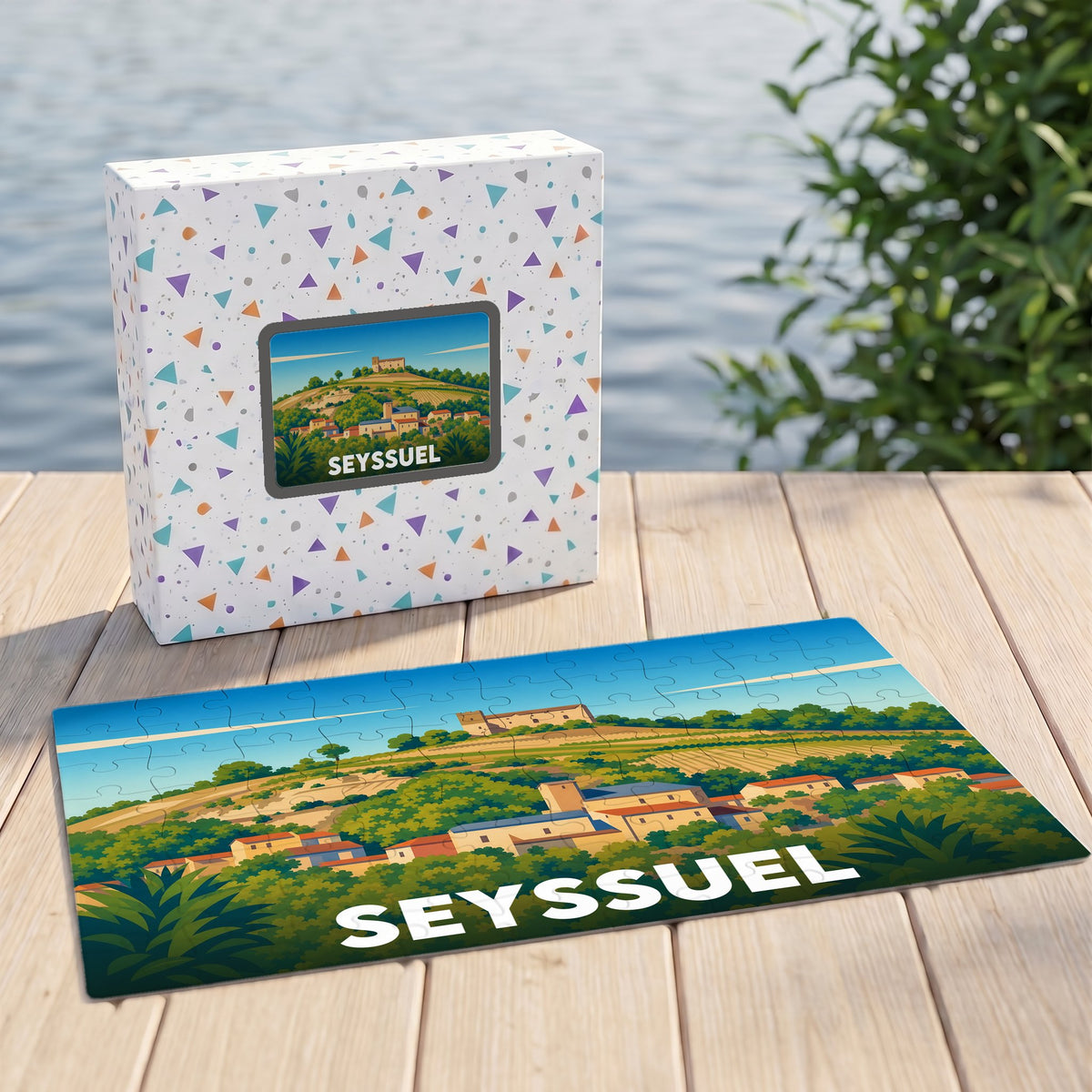 Puzzle souvenir de la ville de Seyssuel représentant un paysage vallonné et ensoleillé dans un style illustré.