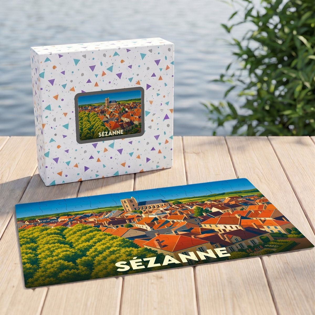 Puzzle souvenir de la ville de Sézanne avec une illustration stylisée et colorée.