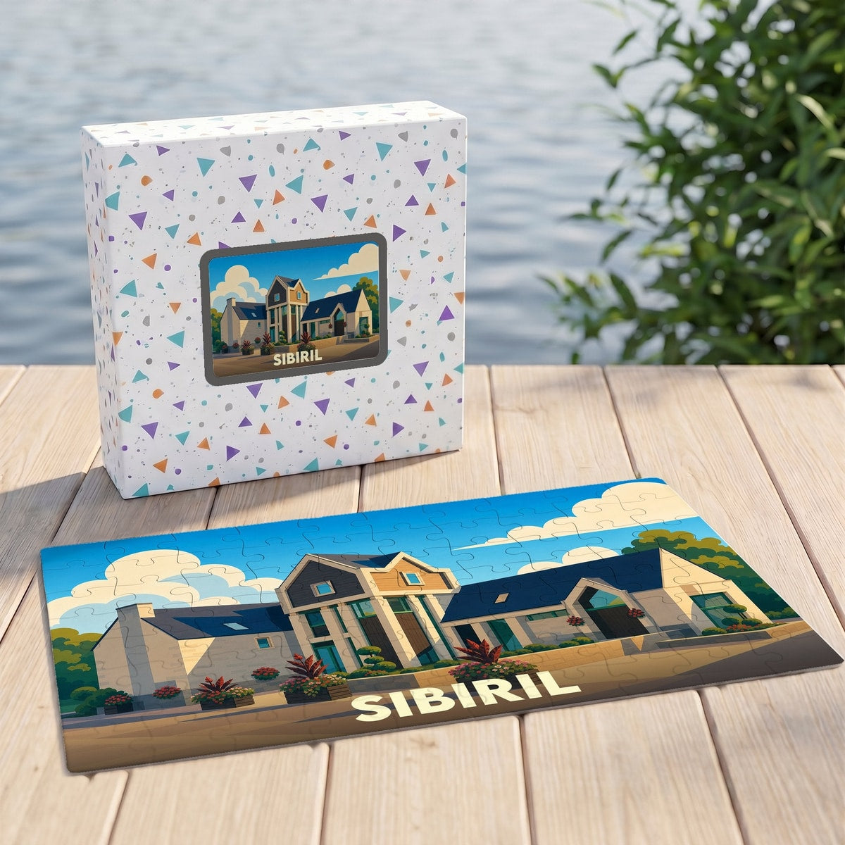 Puzzle souvenir de la ville de Sibiril avec une illustration stylisée.