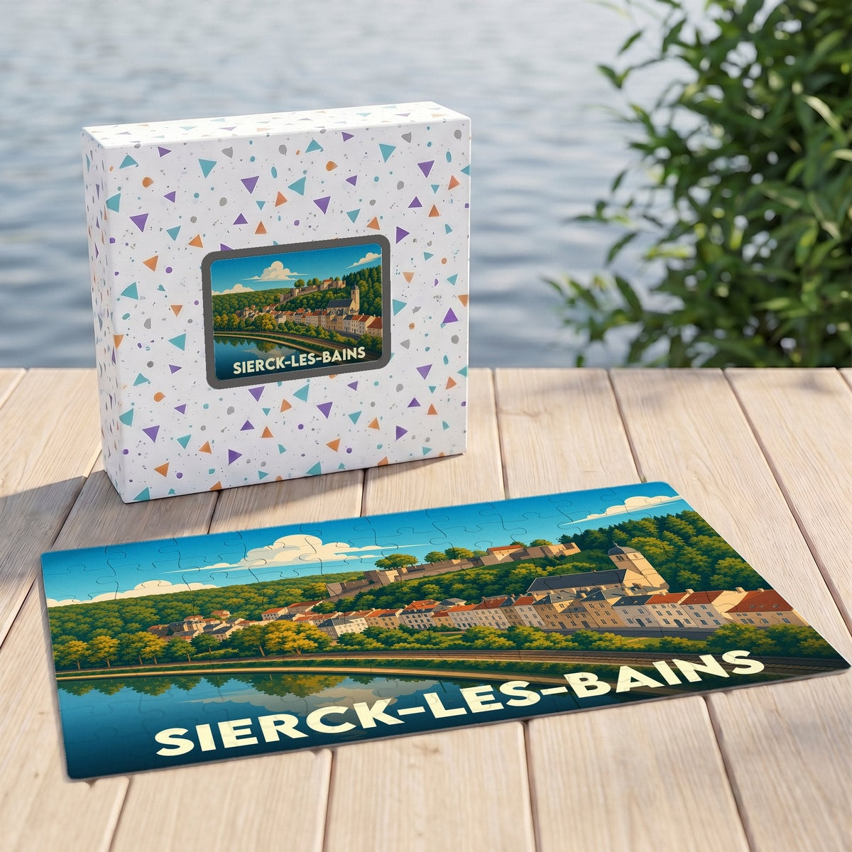 Puzzle souvenir de la ville de Sierck-les-Bains avec une illustration stylisée de son paysage urbain et fluvial.