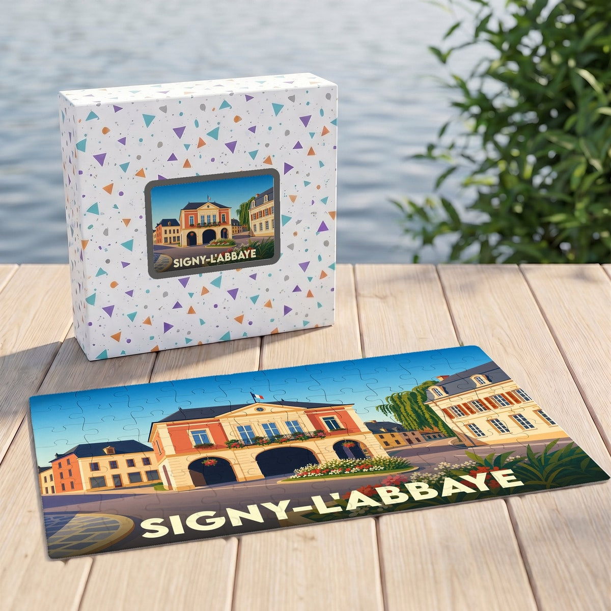 Puzzle souvenir de la ville de Signy-l'Abbaye avec une illustration stylisée et colorée.