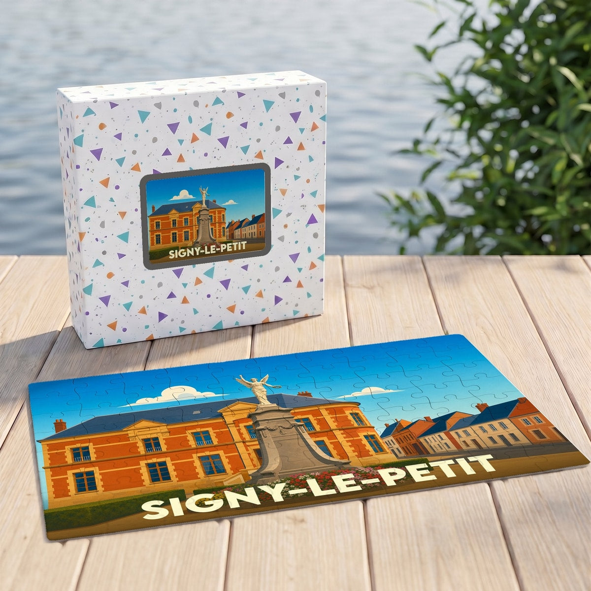 Puzzle souvenir de la ville de Signy-le-Petit avec une illustration stylisée de son architecture et de son monument.