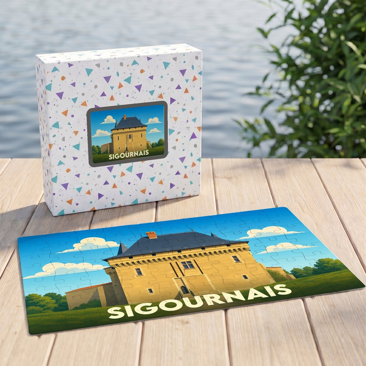 Puzzle souvenir de la ville de Sigournais avec une illustration stylisée du château local sur sa boîte et en pièces assemblées.