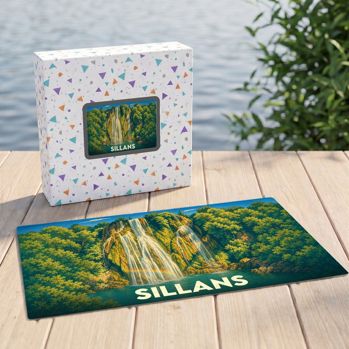 Puzzle souvenir de la ville de Sillans avec une illustration stylisée de sa cascade.