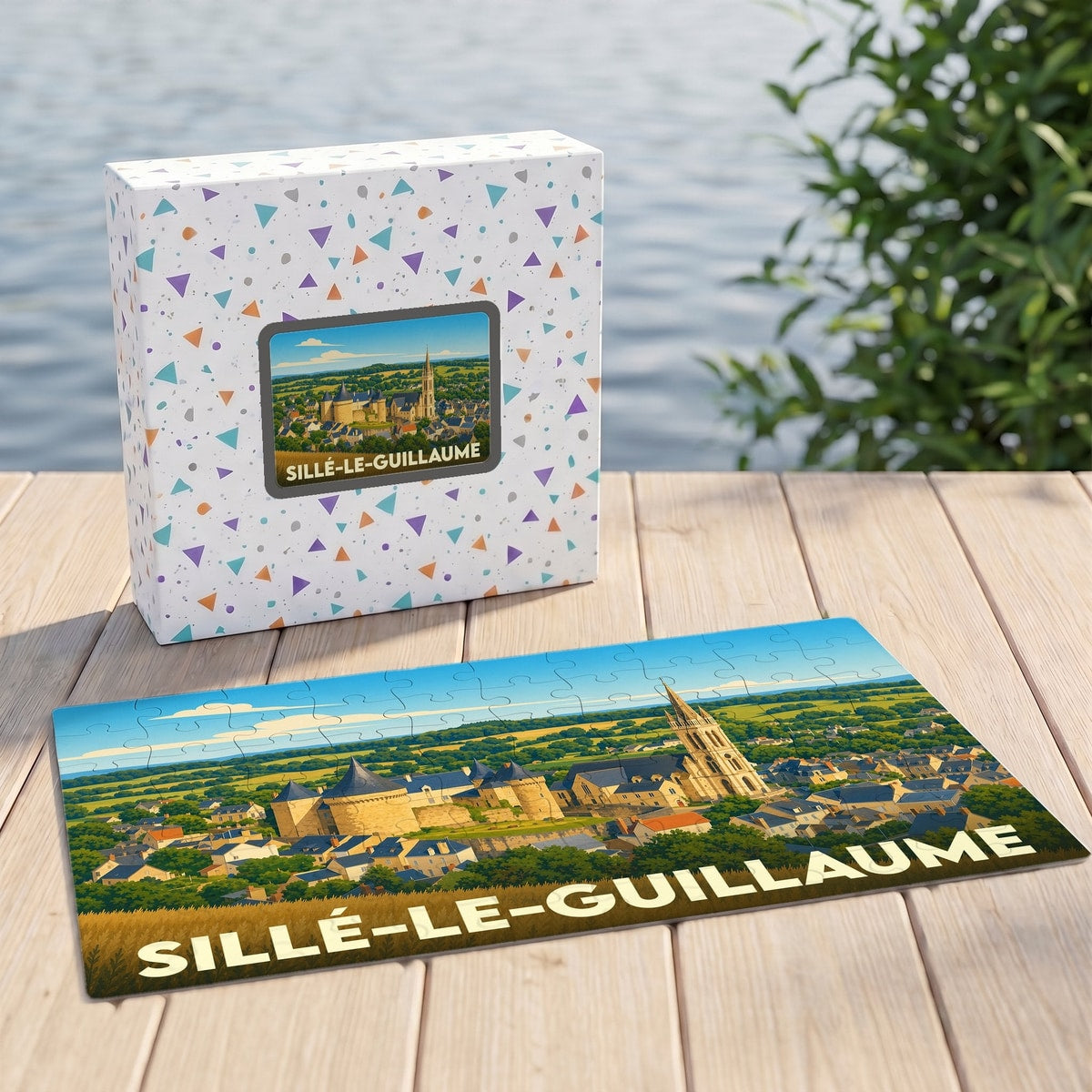 Puzzle souvenir de la ville de Sillé-le-Guillaume avec une illustration stylisée de son patrimoine.