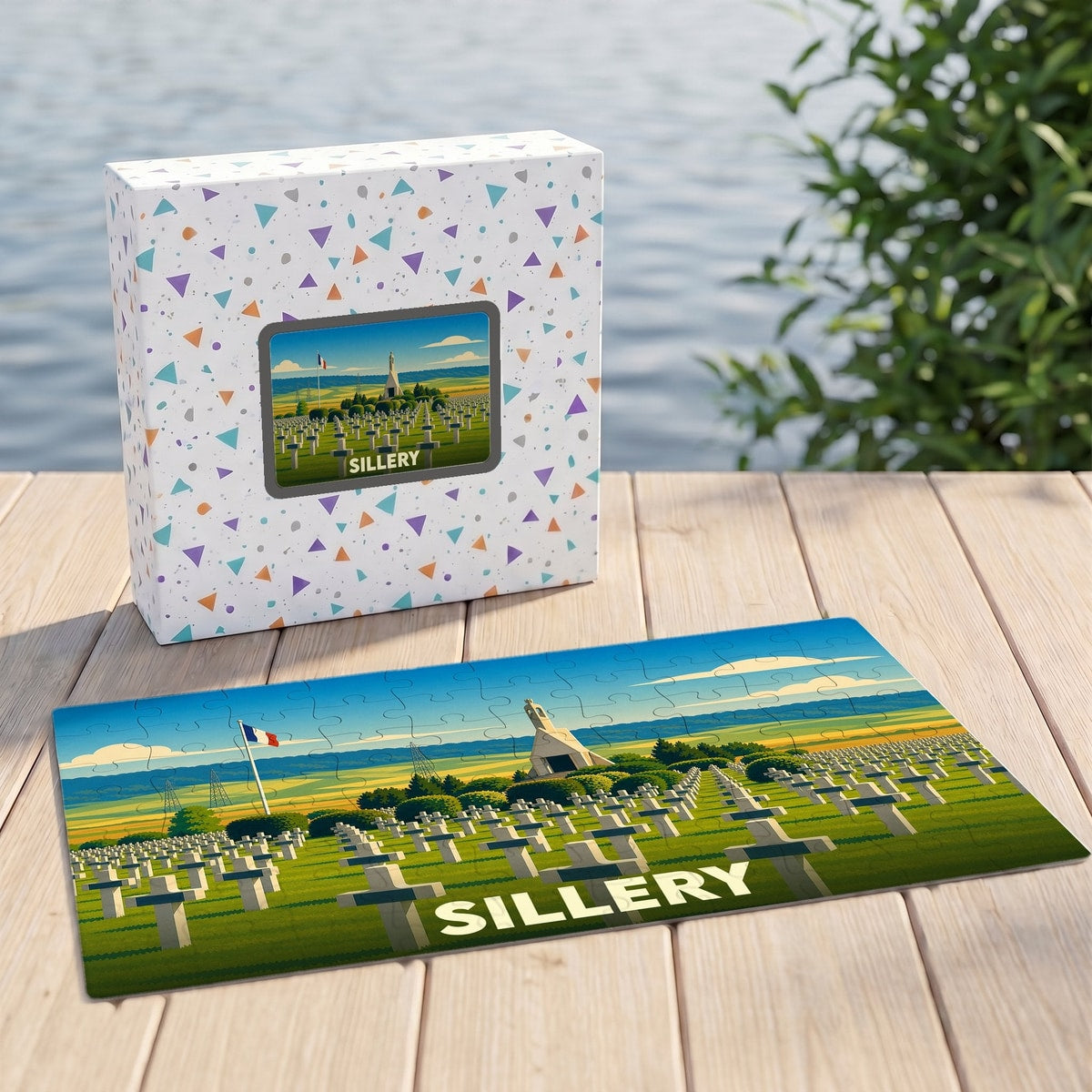 Puzzle souvenir de la ville de Sillery représentant son cimetière militaire dans un style illustré.